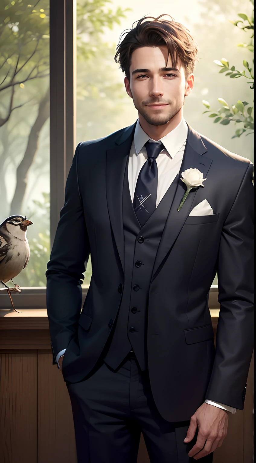 Imagine that，A man in a suit smiled，His son looked sad，The background is a sparrow and a forest