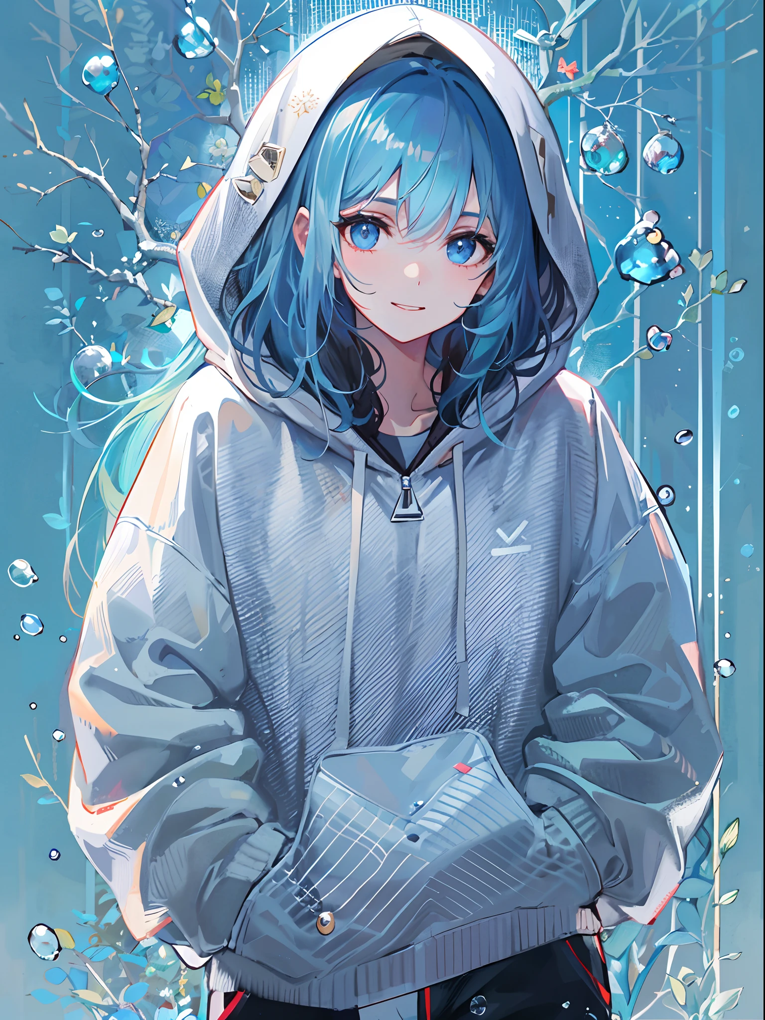 ((top quality)), ((masterpiece)), ((super detail)), (very delicate and beautiful), girl, solo, cold demeanor, ((black jacket)), she looks very (relaxed) and (calm), black hair, depth of field, evil smile, stirrups, underwater, air bubble, light blue eyes, light blue hair and dark blue tips inner color with, cold background, bobbed hair - linear art, shorts, knee high socks, oversized white hoodie, light blue ribbon tie, clothing transparent, hands in pockets, white hoodie