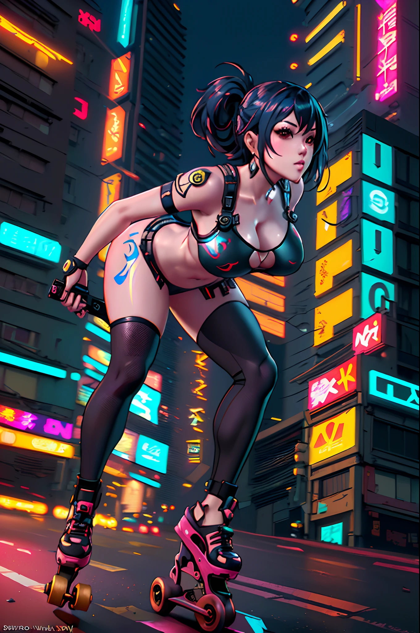 a close up of a person on a skateboard on a city street, ross tran 8 k, ross tran style, cyberpunk 2 0 y. o model girl, oppai cyberpunk, deviantart artstation cgscosiety, cyberpunk anime girl, in the style of ross tran, female cyberpunk anime girl, badass anime 8 k, digital cyberpunk anime art, cyberpunk anime art, leaning forward, bending, looking at viewer, first person view,