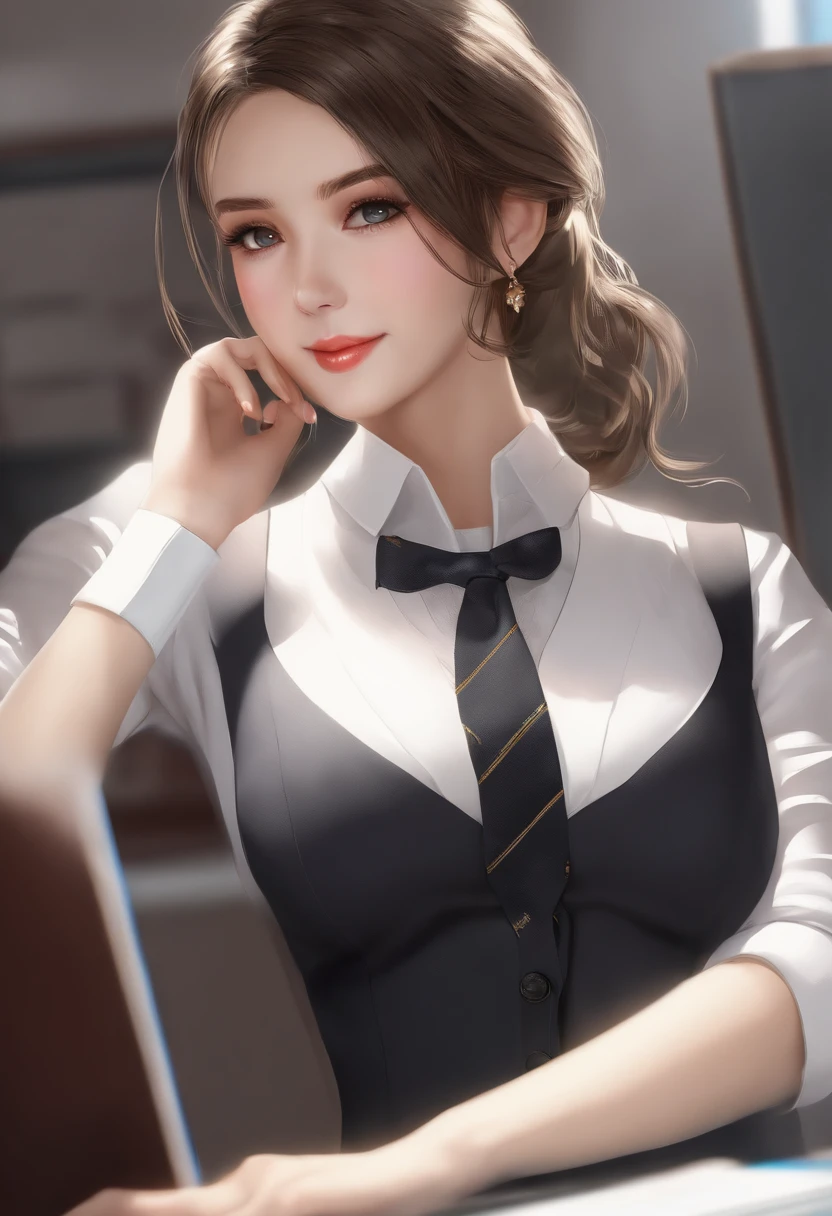 (RAW, best quality, masterpiece:1.5), (photo realistic, intricate details:1.2), ultra highres, absurdres, 1girl, beautiful face, blue eyes, green eyes, detalied eyes, symmetric eyes, light on face, nose blush, short hair, hair bun, black hair tie, clk, vest, suit, pencil miniskirt, white shirt, silk scarf, black pantyhose, [:20d, :0.8], smile, small dimples, sexually suggestive, medium breasts, slim waist, slim legs, long legs, sitting on chair in front of desk, perfect body, good proportions, looking at viewer, (office, indoor, hyper detailed background:1.2), japan, copy machine, file cabinet, computer, monitor, shiny skin, real skin texture, natural lighting, best lighting, detailed background, detailed shadow, sharp focus, depth of field f/2, saturated, high contrast, strong light and shadow