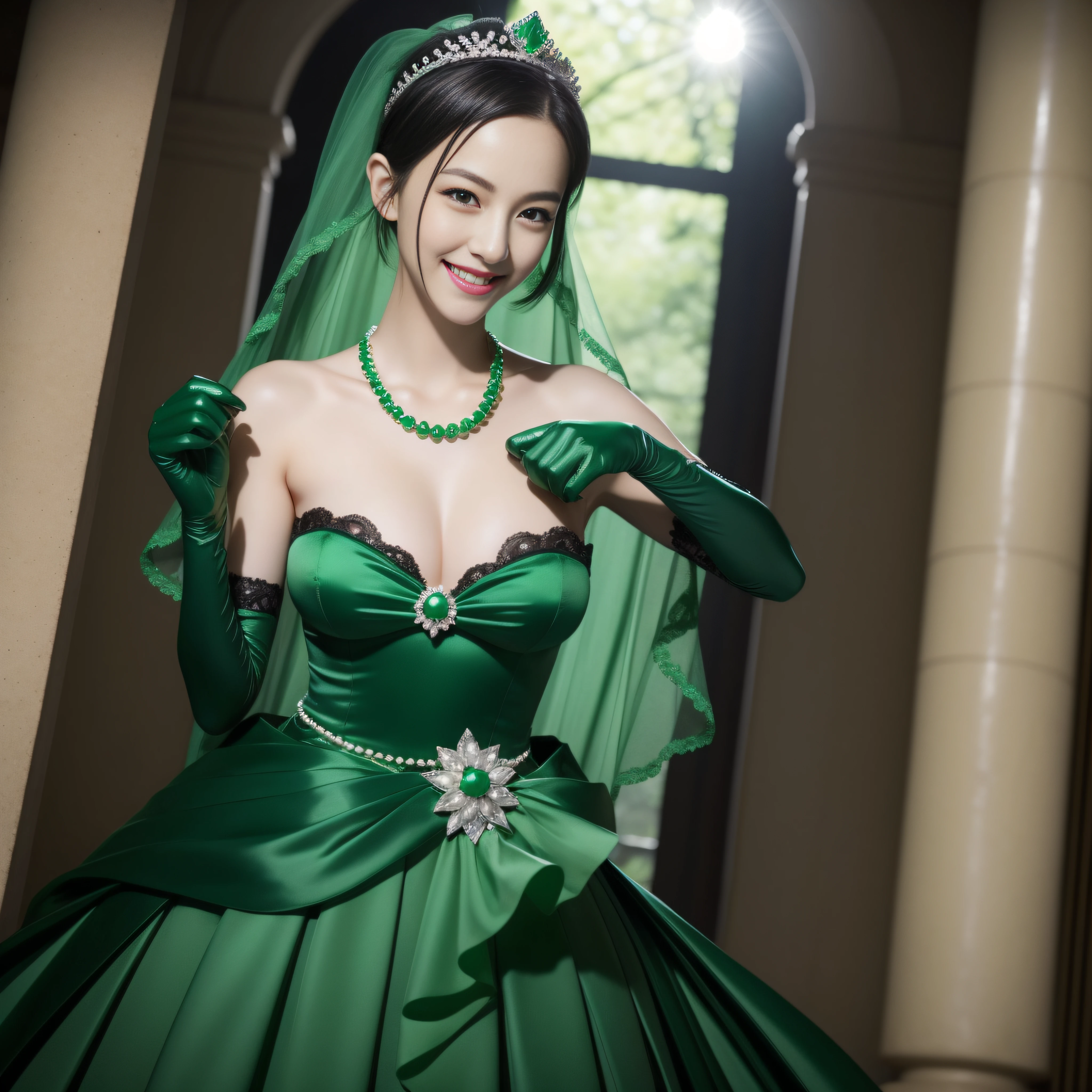 emerald tiara, Green Pearl Necklace, Boyish very short black hair, lipsticks, Japan woman smiling, Long green gloves made of satin material, very short short hair, fist, big breasts beautiful, Round face, Green eyes, Round jaws, Puffy cheeks