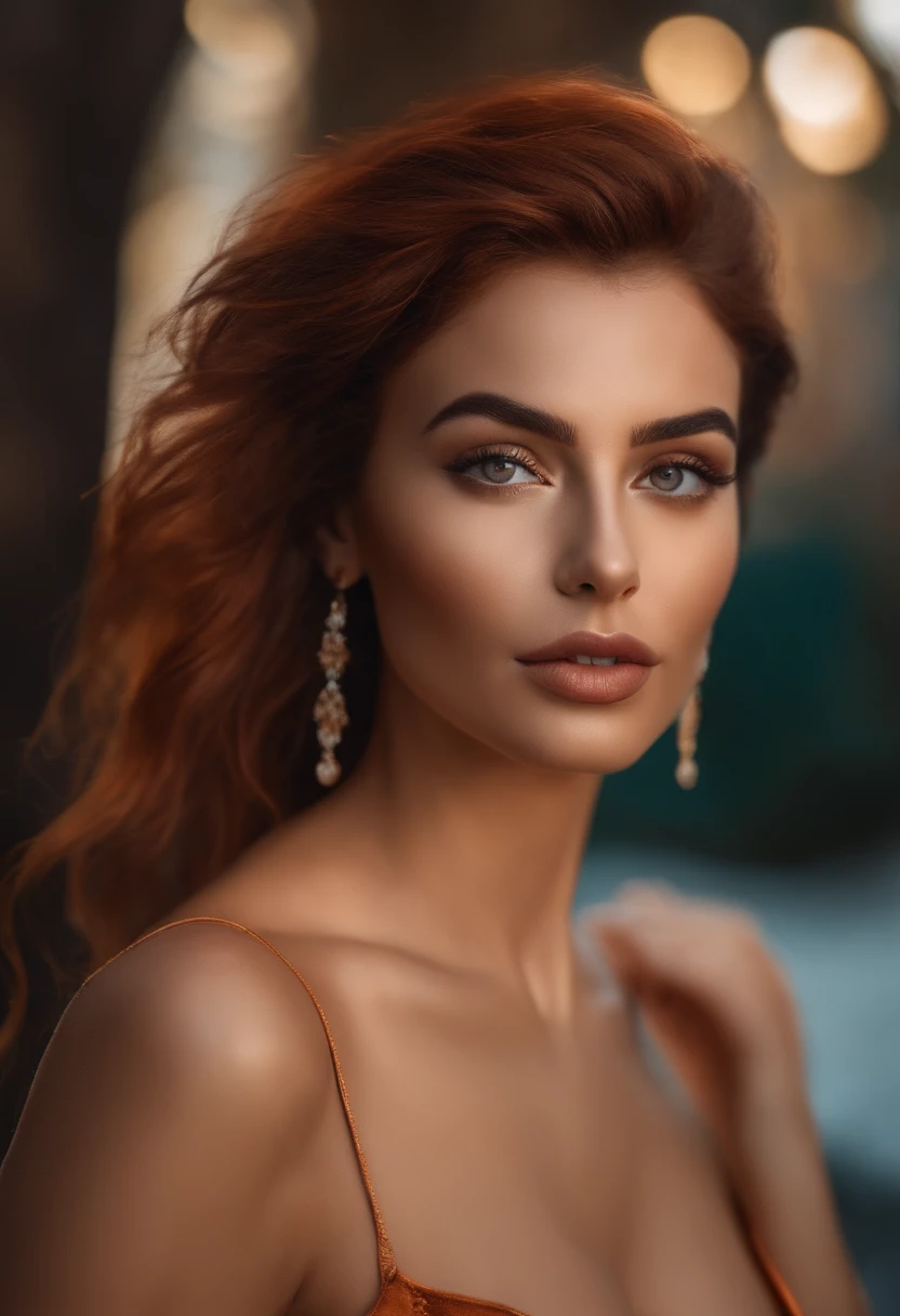 Crie uma mulher realista, de olhos azuis, cabelos vermelhos, ruiva, corpo sexy, peitos grandes, qualidade realista 8k, super realista, Rosto perfeito.