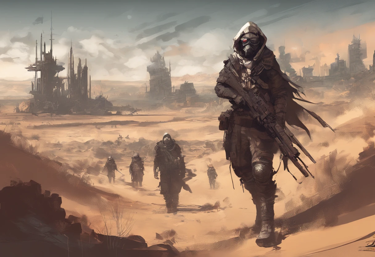 Post-apocalyptic wars, Shades of white, Nero, A desert , shadowing, Gloomy atmosphere, darkly, ((natta)), The breadth of the landscape, book cover,Wasteland,Wasteland costumes,Shabby clothing,patches,Rusty samurai armor,samurais,Gas masks。