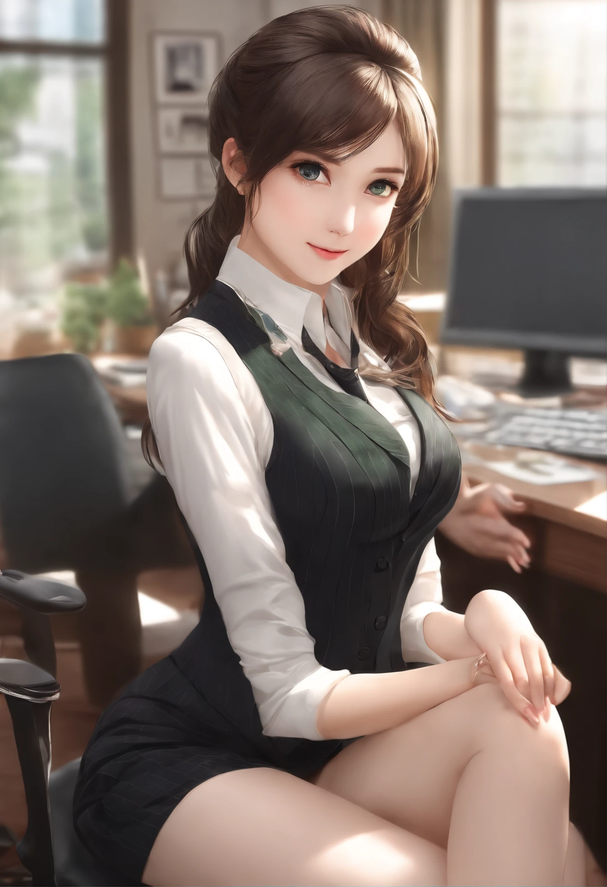(RAW, best quality, masterpiece:1.5), (photo realistic, intricate details:1.2), ultra highres, absurdres, 1girl, beautiful face, blue eyes, green eyes, detalied eyes, symmetric eyes, light on face, nose blush, short hair, hair bun, black hair tie, clk, vest, suit, pencil miniskirt, white shirt, silk scarf, black pantyhose, [:20d, :0.8], smile, small dimples, sexually suggestive, medium breasts, slim waist, slim legs, long legs, sitting on chair in front of desk, perfect body, good proportions, looking at viewer, (office, indoor, hyper detailed background:1.2), japan, copy machine, file cabinet, computer, monitor, shiny skin, real skin texture, natural lighting, best lighting, detailed background, detailed shadow, sharp focus, depth of field f/2, saturated, high contrast, strong light and shadow