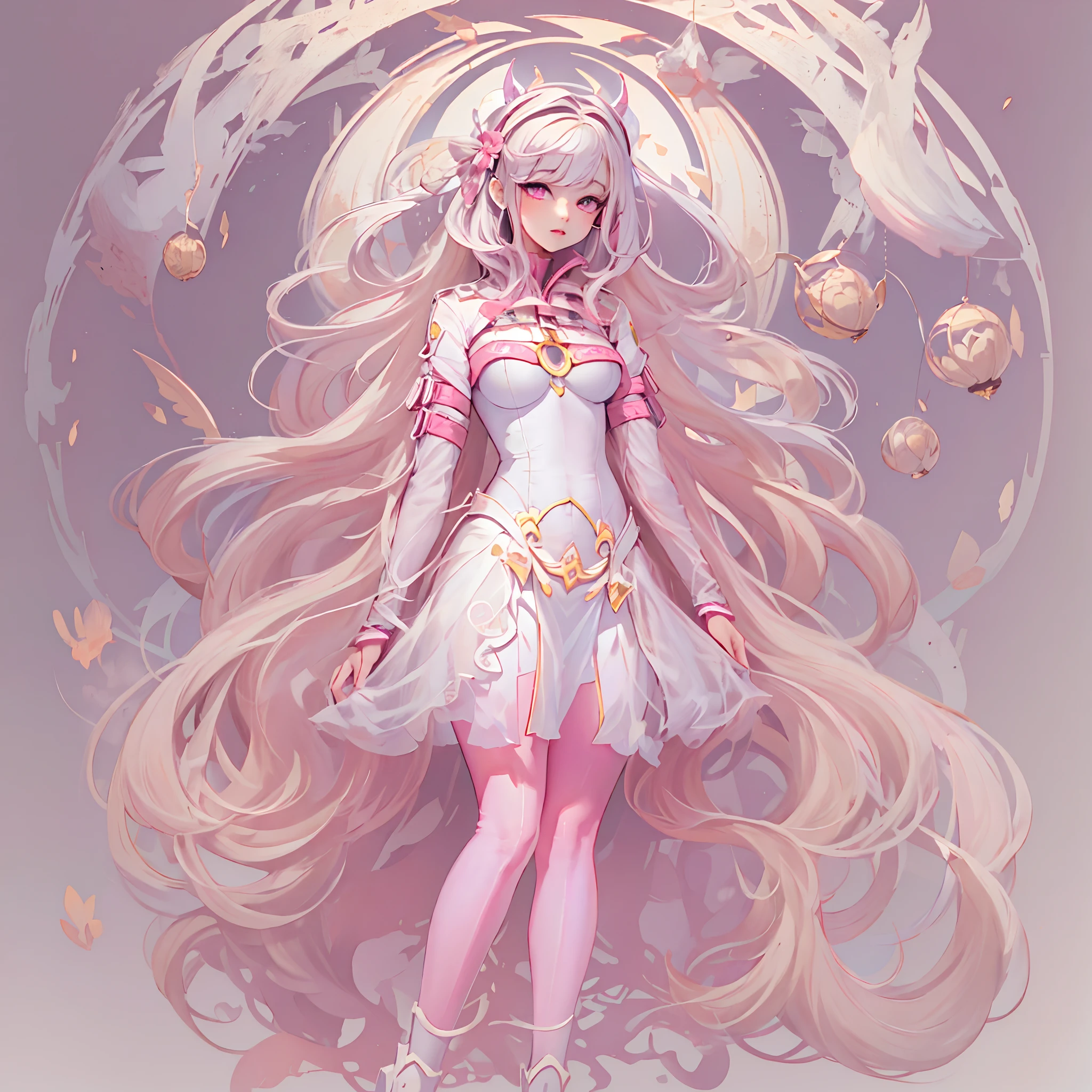 ((Masterpiece, Highest quality)), perfectly proportions,CharacterDesignSheet,full bodyesbian, Full of details, White background,Beautiful teenage girl,Gradient hair color,in pink,Detailed eyes, ssee-through,lacepantyhose,Cloud decoration,High Balance, Overhead halo,Natural light