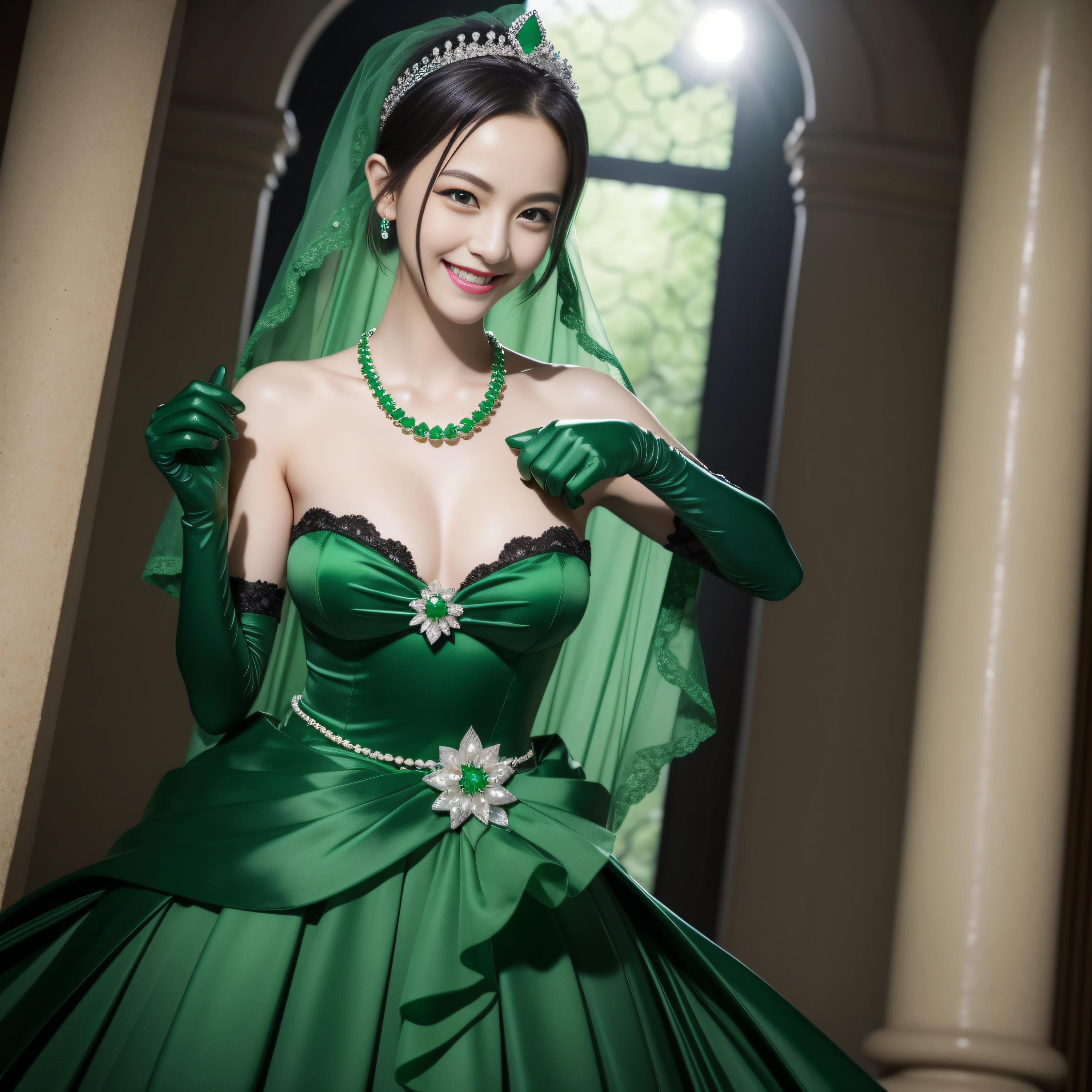 emerald tiara, Green Pearl Necklace, Boyish very short black hair, lipsticks, Japan woman smiling, Long green gloves made of satin material, very short short hair, fist, big breasts beautiful, Round face, Green eyes, Round jaws
