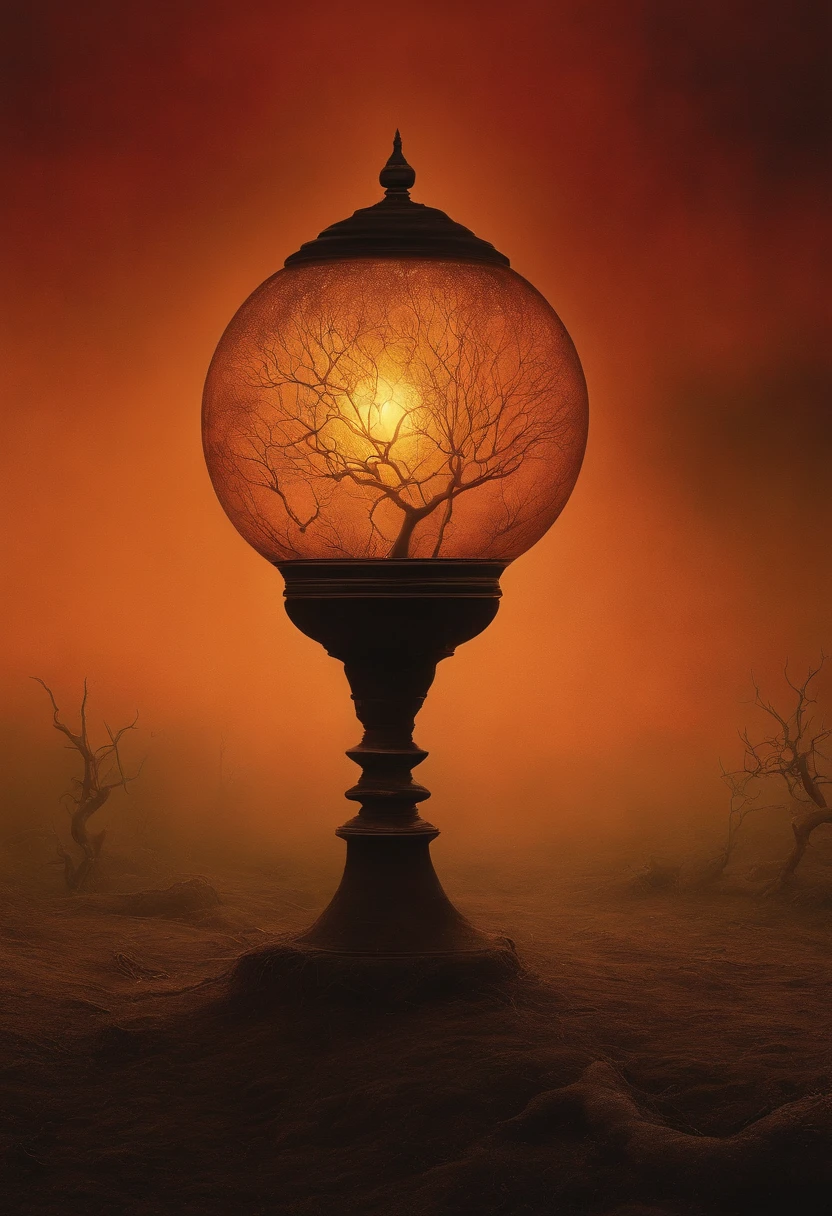 Image in the style Zdzisław Beksiński a lamp occupying 2-4 of the screen, Only its inner glow is seen more radiant and from its base sprout red roots that blend into the soil.They invade the screen in a chaotic and aggressive way, (clima de terror) (The mysterious background of the sky ( cores vibrantes) (Near the lamp, A corpse meditates on the ground (atmosfera misteriosa) ocultista