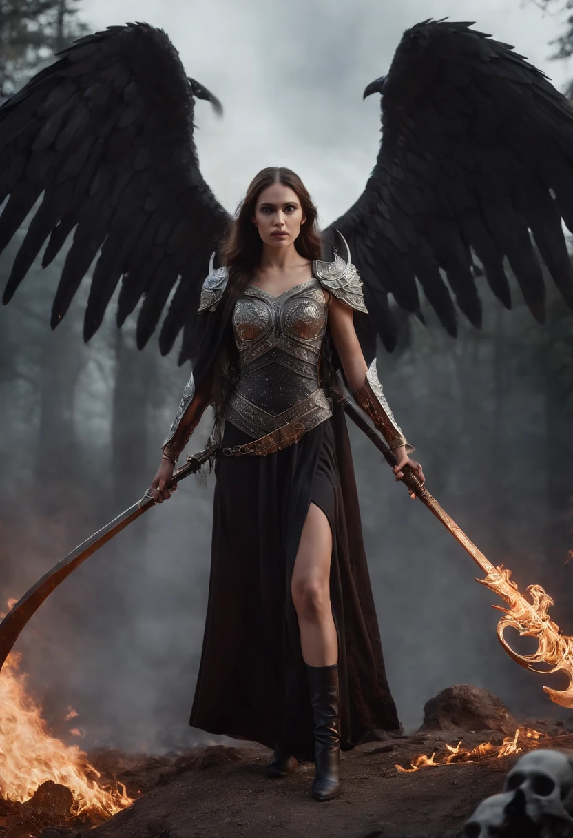 (masterpiece, 8K, UHD, photo-realistic:1.3), Death's Angel, (glistening ebony wings:1.4), towering, holding a (sleek scythe:1.2) in grip, cold steel, reflecting flames, standing atop, (mound of skulls:1.3), empty eye sockets, whispers of past souls, fiery backdrop, raging inferno, dancing flames, silhouetting the figure, billowing smoke, crimson hue, intimidating presence, ominous atmosphere, dynamic angle, side view, deep shadows, intricate detailing on wings and attire.