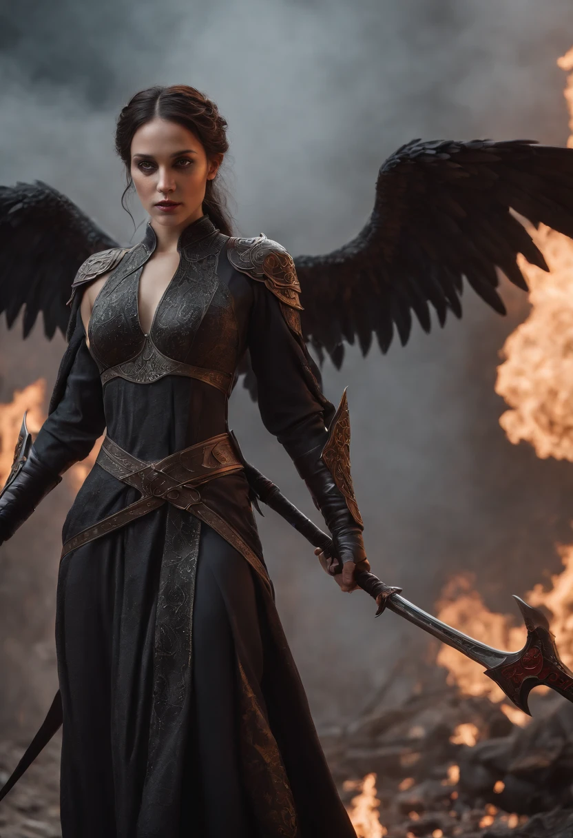 (masterpiece, 8K, UHD, photo-realistic:1.3), Death's Angel, (glistening ebony wings:1.4), towering, holding a (sleek scythe:1.2) in grip, cold steel, reflecting flames, standing atop, (mound of skulls:1.3), empty eye sockets, whispers of past souls, fiery backdrop, raging inferno, dancing flames, silhouetting the figure, billowing smoke, crimson hue, intimidating presence, ominous atmosphere, dynamic angle, side view, deep shadows, intricate detailing on wings and attire.