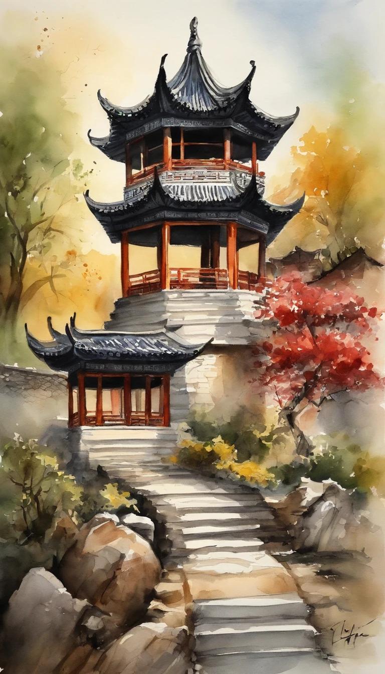 Chinese Ancient Architecture, Red, Tree, Bird, Man