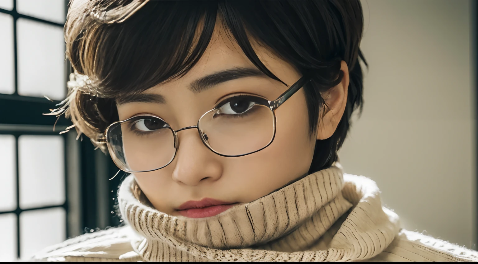 indoor, cozy room、japanese bedroom, futon, blanket、(disheveled pixie cut:1.2)、8K、Raw photography。top-quality、hightquality、Extreme Detail Photography、Eye for extreme detail、Super Detail Face、Hair in super detail、Super detail body、(Photography Lighting:1.3)、1girl in、The face is about 18 years old.、Puffy eyes、Eyes in good shape。Brown-eyed、dark brown short hair、good lips、Small lips、(Medium chest:1.3)、good breasts、Natural makeup、Raw photo, Best Quality, masutepiece, ultra-detailliert, 超A high resolution, Realistic, (white cable knit turtleneck sweaters:1.2)、(detailed fabrics:1.3), cleft chin, (slanted eyes), (windsor glassses:1.2), korean/japanese, ultra-realism, RAW Photo, chubby cheeks, playful, thick wool fabric, wide-angle photo