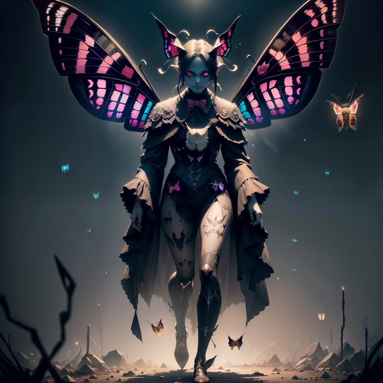 Illustration of a flying moth while sprinkling poisonous powder、A devil that combines creepiness and beauty、Atrocious、cruel、offensive、Dweller of Darkness、Fusion of humans and moths、(The human:0.3 | moth:1.8)、Emphasize the strength and attractiveness of characters with moth traits、Full body