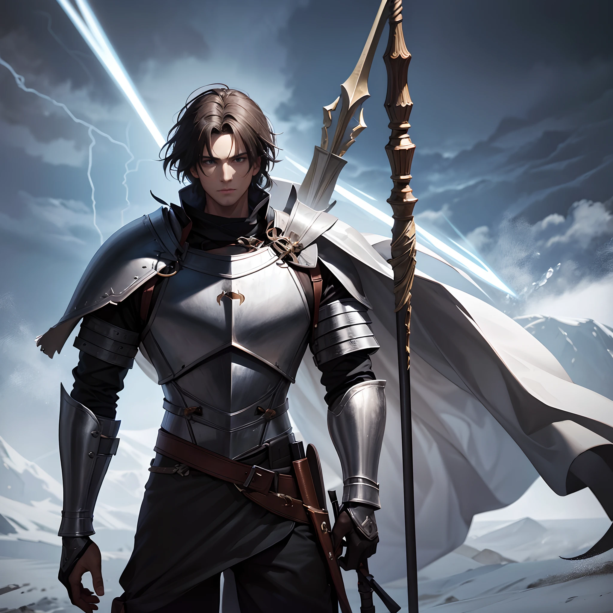 Knight in full Western armor，In his left hand he holds a knight's spear，A huge flashlight was strapped to his left hand，Fly in the sky，All around is the air flow generated by the storm