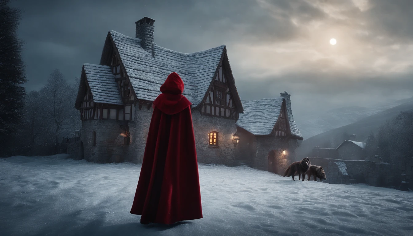 ue,Medieval cityscape,Stone House,snowscape,Little Red Riding Hood Girl,werewolf man