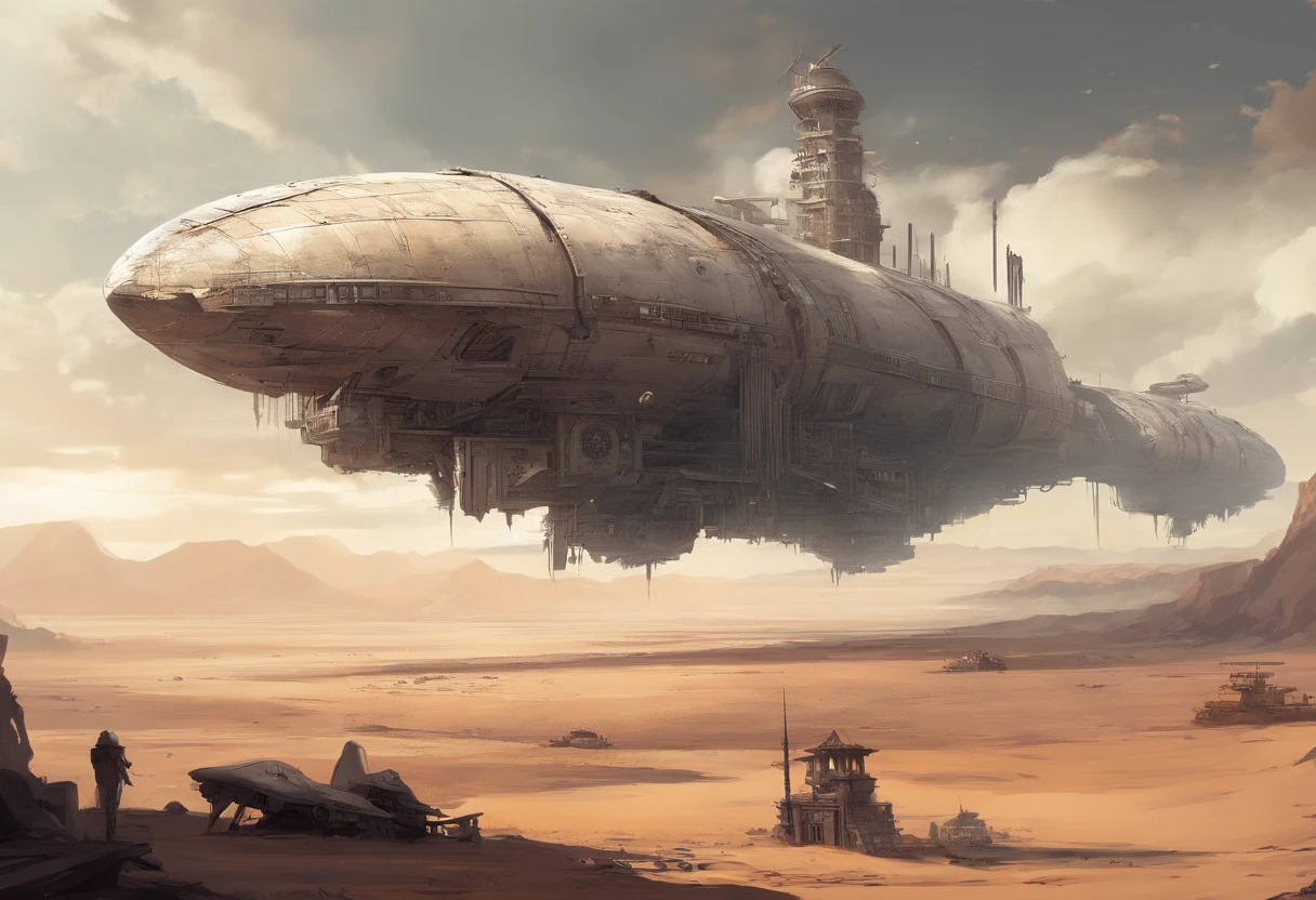 Post-apocalyptic wars, Shades of white, Nero, A desert , shadowing, Gloomy atmosphere, darkly, ((natta)), The breadth of the landscape, book cover,Wasteland,A desert,Dilapidated airship,Mechanical patches,Japanese style。