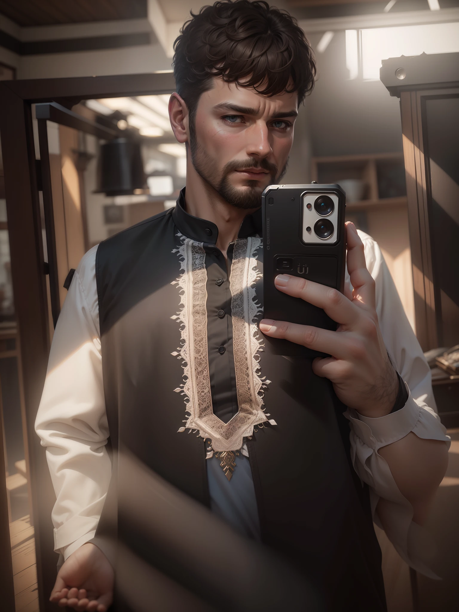 colorful pattern, Oil paintings by Flemish masters, surrealism, beau.
Un homme Handom, 40 ans, shaven , curly short brown hair.costume moulant noir, white-cut shirt.
airy, Light in contrast, highly detailed, Hyperrealistic, ultra HD, Couleurs vives, highly detailed, Dessin UHD, stylo et encre, Composition parfaite, beautiful detailed intricate insanely detailed octane render trending on artstation, Photographie artistique 8k, photorealistic concept art, soft natural volumetric cinematic perfect light