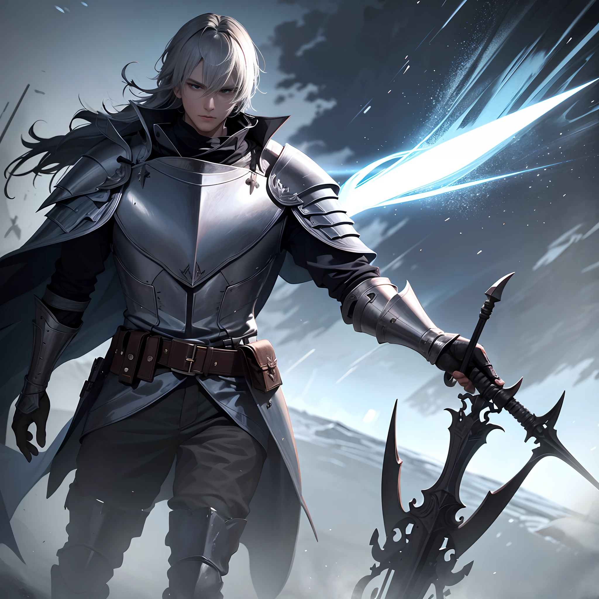 Knight in full Western armor，In his left hand he holds a knight's spear，A huge flashlight was strapped to his left hand，Fly in the sky，All around is the air flow generated by the storm