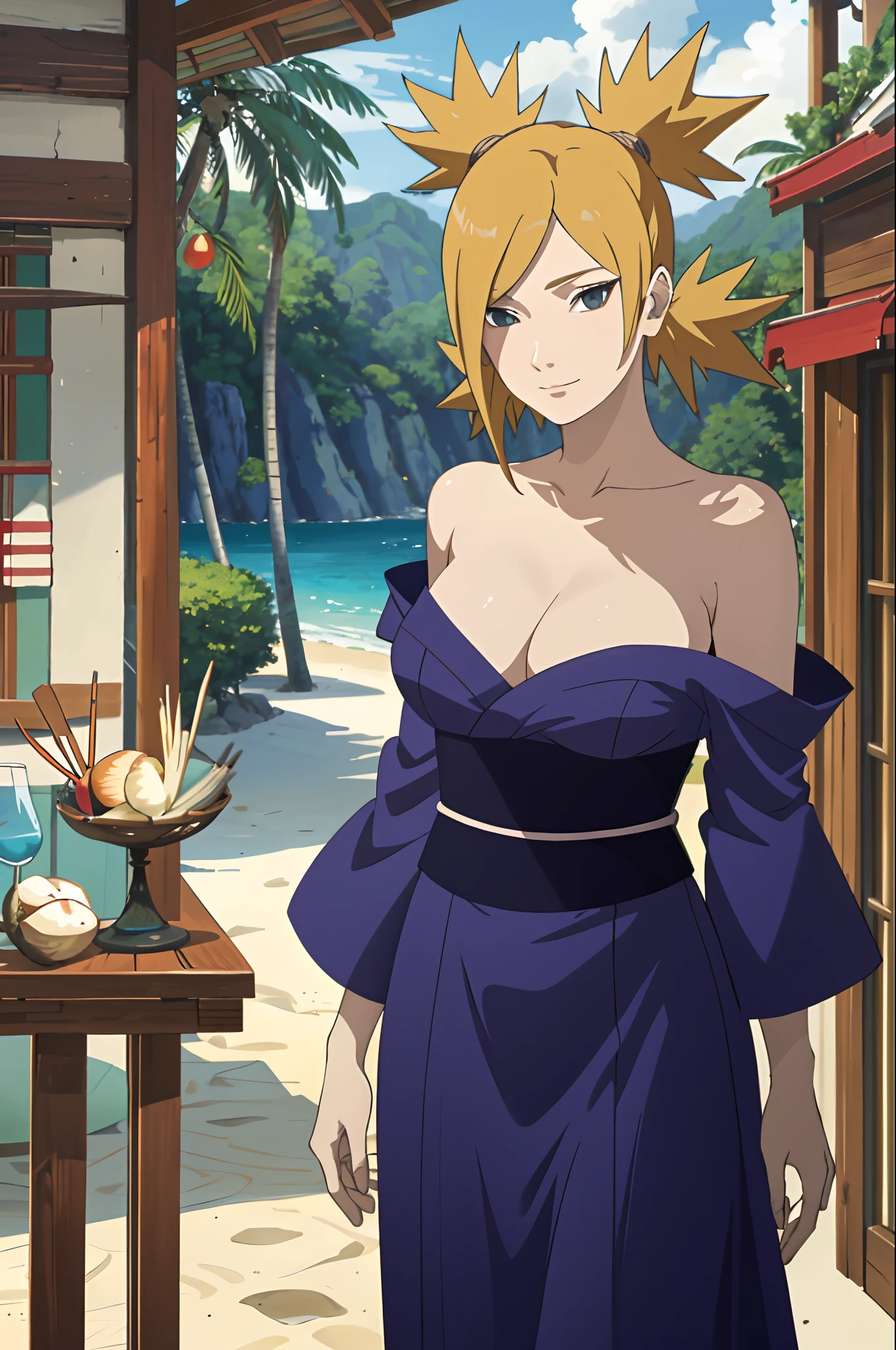 Masterpiece, absurderes , (Intricate details), (Colorful),cleavage，Be red in the face，Off-the-shoulder attire,Extremely detailed Cg Unity 8K wallpaper,Temari\(Boruto\), 1girll, Mature female,blue kimono, Outdoors,Wind, sportrait，ssmile，sea beach，the sea，coconut palms，Large breasts