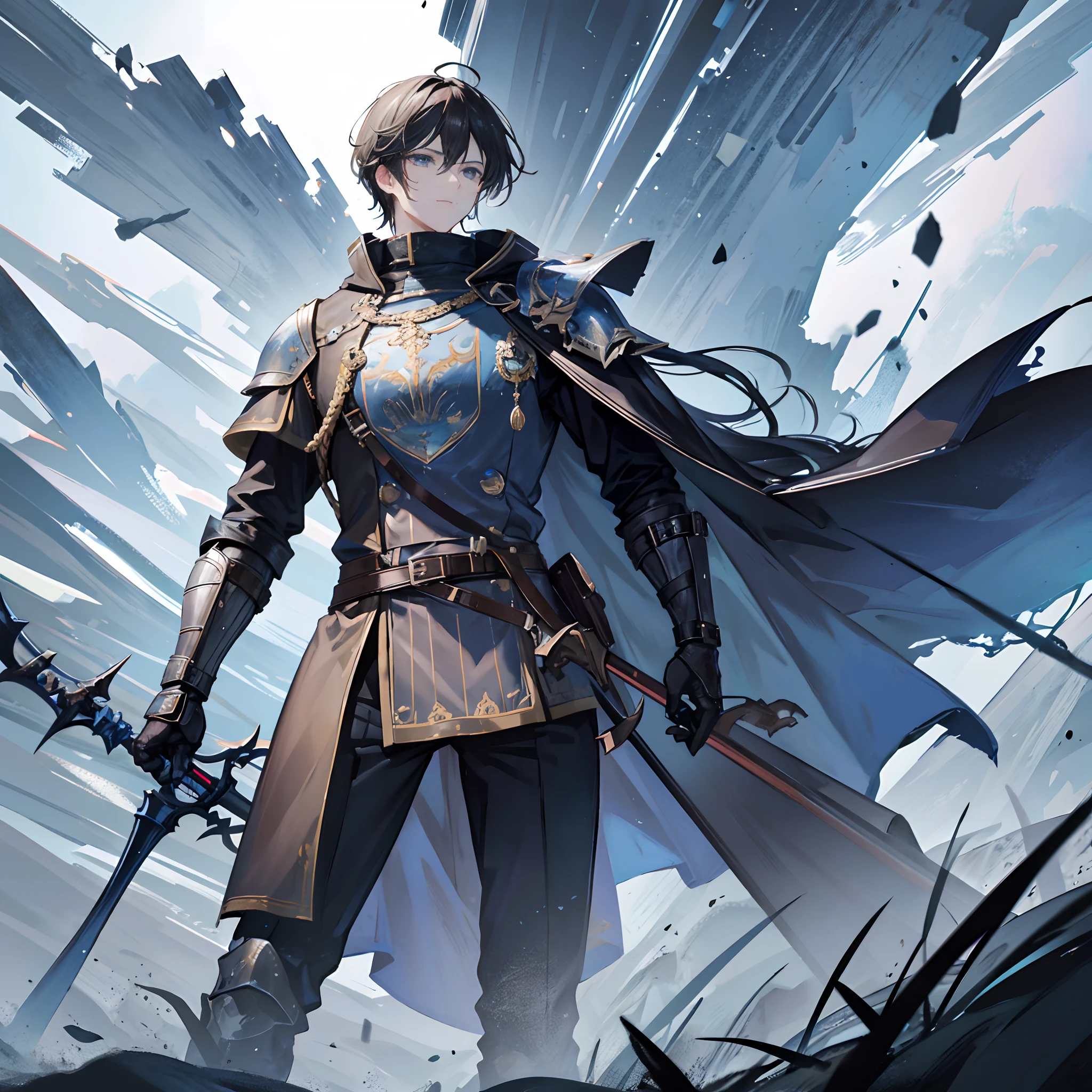 Knight in full Western armor,In his left hand he holds a knight's spear,A huge flashlight was strapped to his left hand,Fly in the sky,All around is the air flow generated by the storm