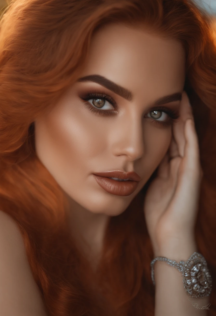 Crie uma mulher realista, de olhos castanhos, cabelos vermelhos, ruiva, corpo lindo, Corpo com curvas lindas peitos grandes, qualidade realista 8k, super realista, Rosto perfeito.
