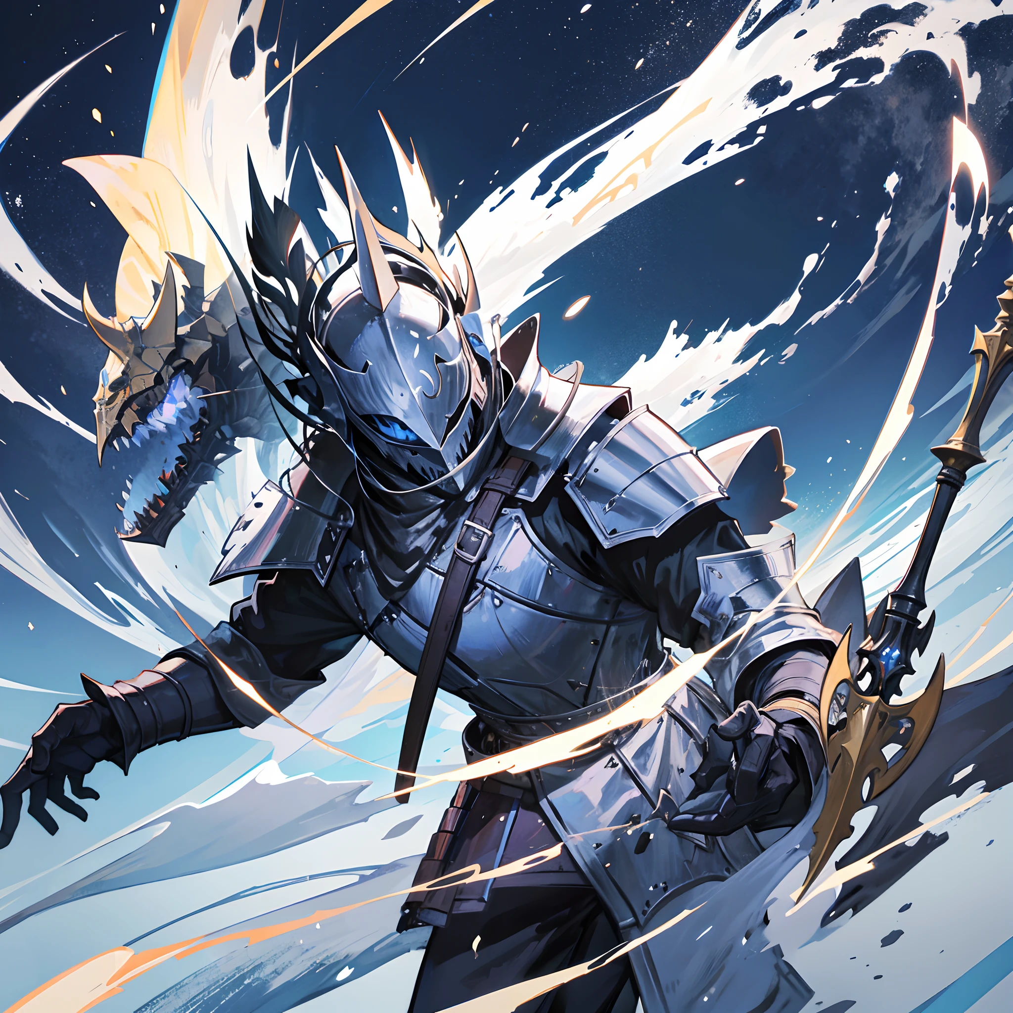 Knight in full Western armor，In his left hand he holds a knight's spear，A huge flashlight was strapped to his left hand，Fly in the sky，All around is the air flow generated by the storm