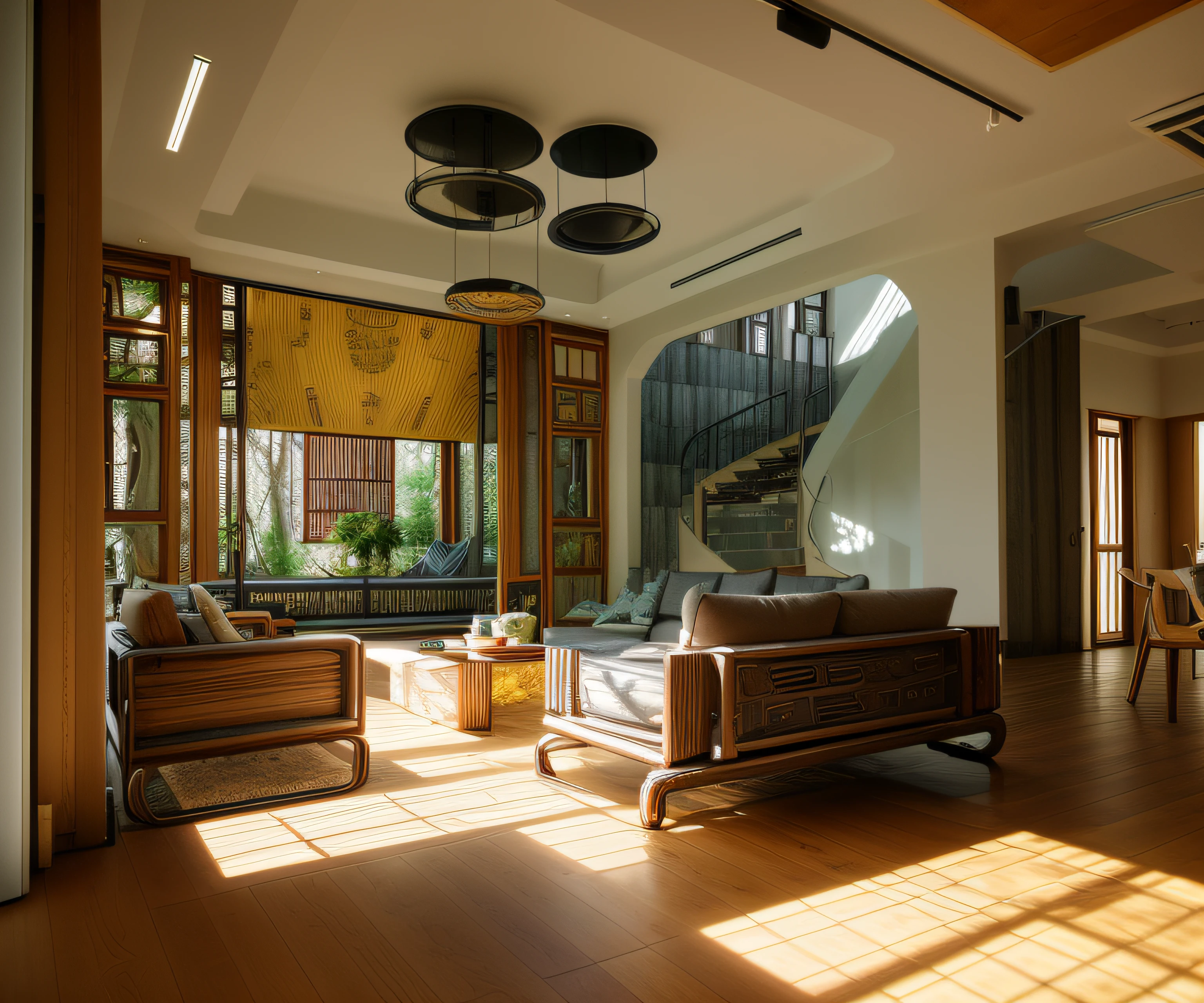 Interior design、Crazy detailed wide-angle building photos、cozy contemporary living room、(Bright warm sunshine 1:0.1)、award-winning contemporary interior design、Landscapes、DL、a chair、in a house、wooden floor、window、dining room、east asian east asian architecture、Sliding paper doors、lamp lights、buliding、the woods、naturey、Cups、A plant、Interior design、Insert lights and shadows、depth of fields、low illuminance
