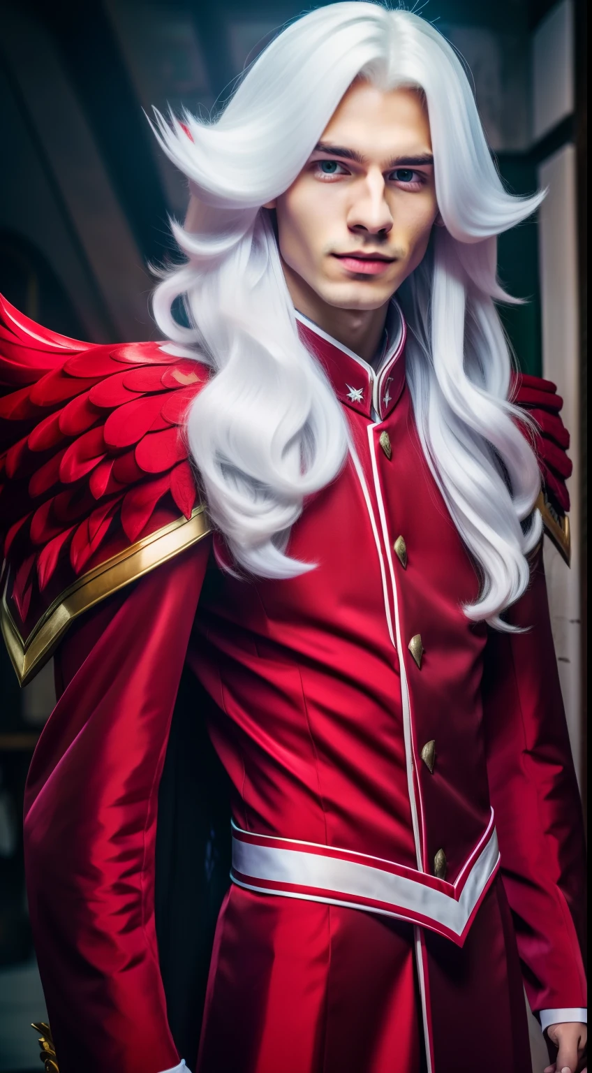 young man, 25 years old, long white hair, dressed in the red star guardian uniform, League of Legends, star guardian, 1 man, Vladimir league of legends, vladimir, Vladimir Star Guardian