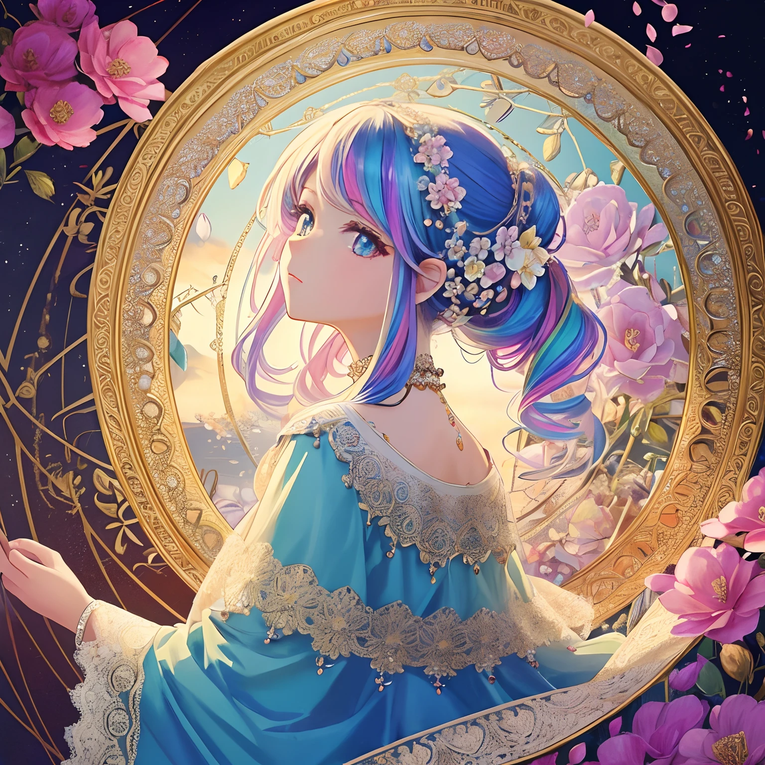 1 girl, masterpiece, top quality, beautiful and aesthetic: 1.2, fractal art: 1.3, jewels, detailed lace, detailed round frame, looking back, flowers, white, rainbow hair, beautiful girl fits in frame