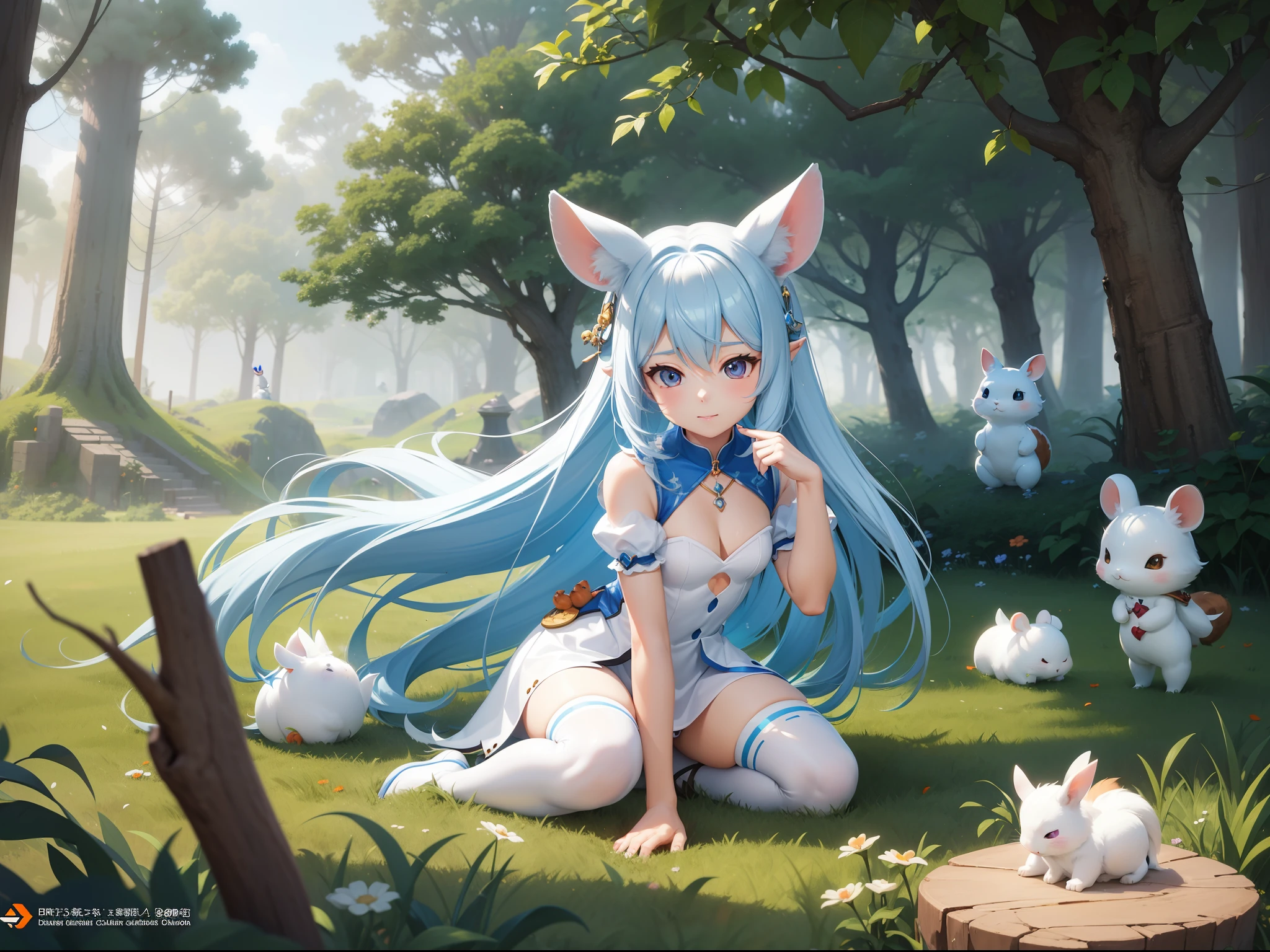 There are small white rabbits with carrots and long ears,  White long ears、I'm with a girl with long blue hair and a chibi character。It is a cute costume in white and blue。Dark eyes。cute forest creature, Cute mushrooms also grow、Adorable Digital Painting, cute detailed digital art, the squirrel king, Cute digital art, cute cartoon characters, cute character, CuteCreatures, Cutie, official illustrations, Official art, squirrel, maplestory mouse, astri lohne,  cute 3d render