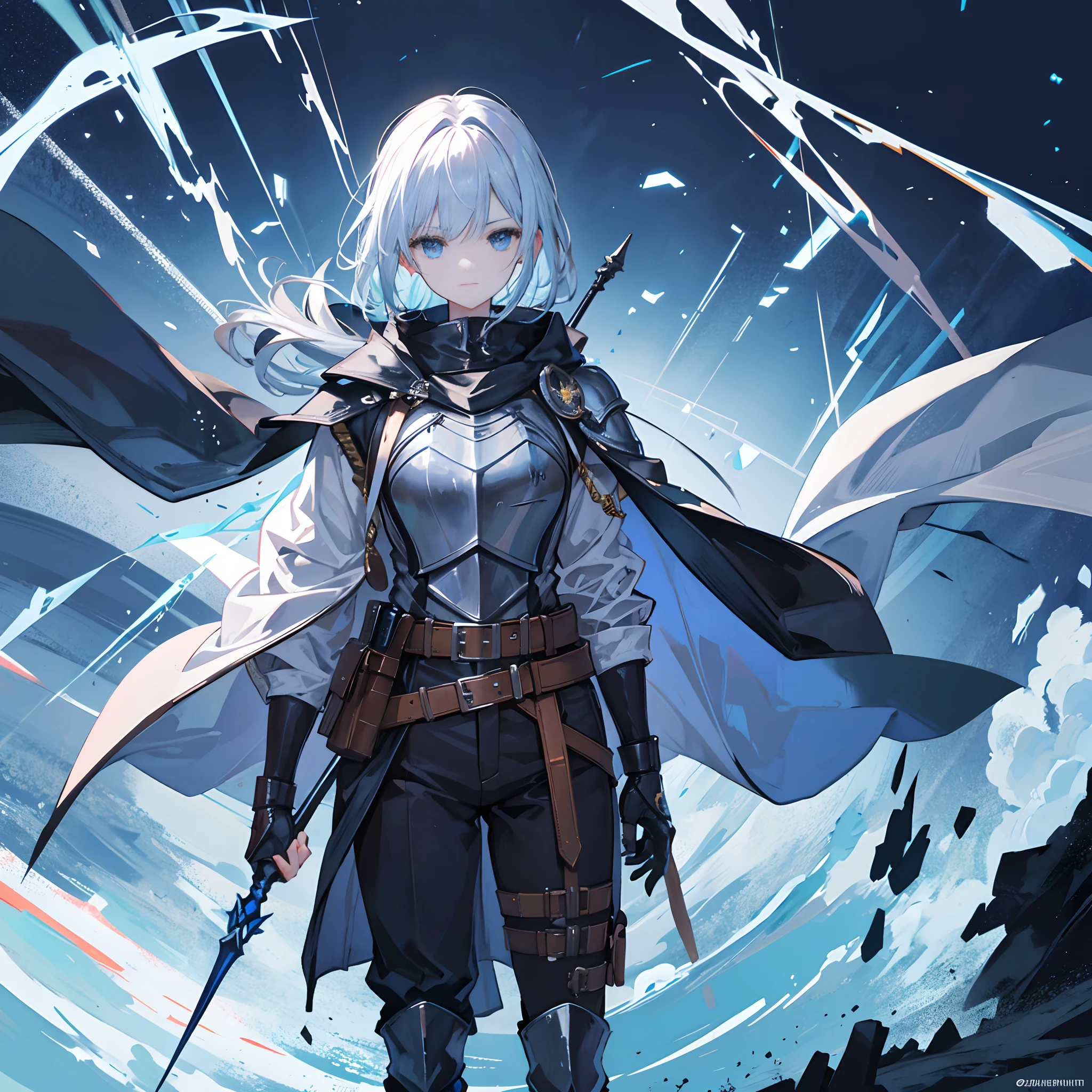 Knight in full Western armor,In his left hand he holds a knight's spear,A huge flashlight was strapped to his left hand,Fly in the sky,All around is the air flow generated by the storm