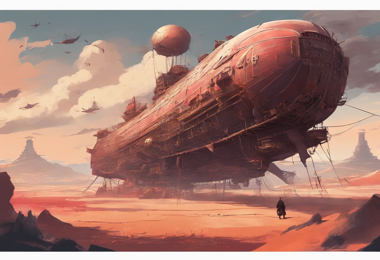 Post-apocalyptic wars, shadowing, Nero, A desert , shadowing, Gloomy atmosphere, darkly, ((natta)), The breadth of the landscape, book cover，Wasteland，A desert，Dilapidated airship，Japanese style。asian-looking，red decoration，Airship in Asian style，Airship in Japanese style