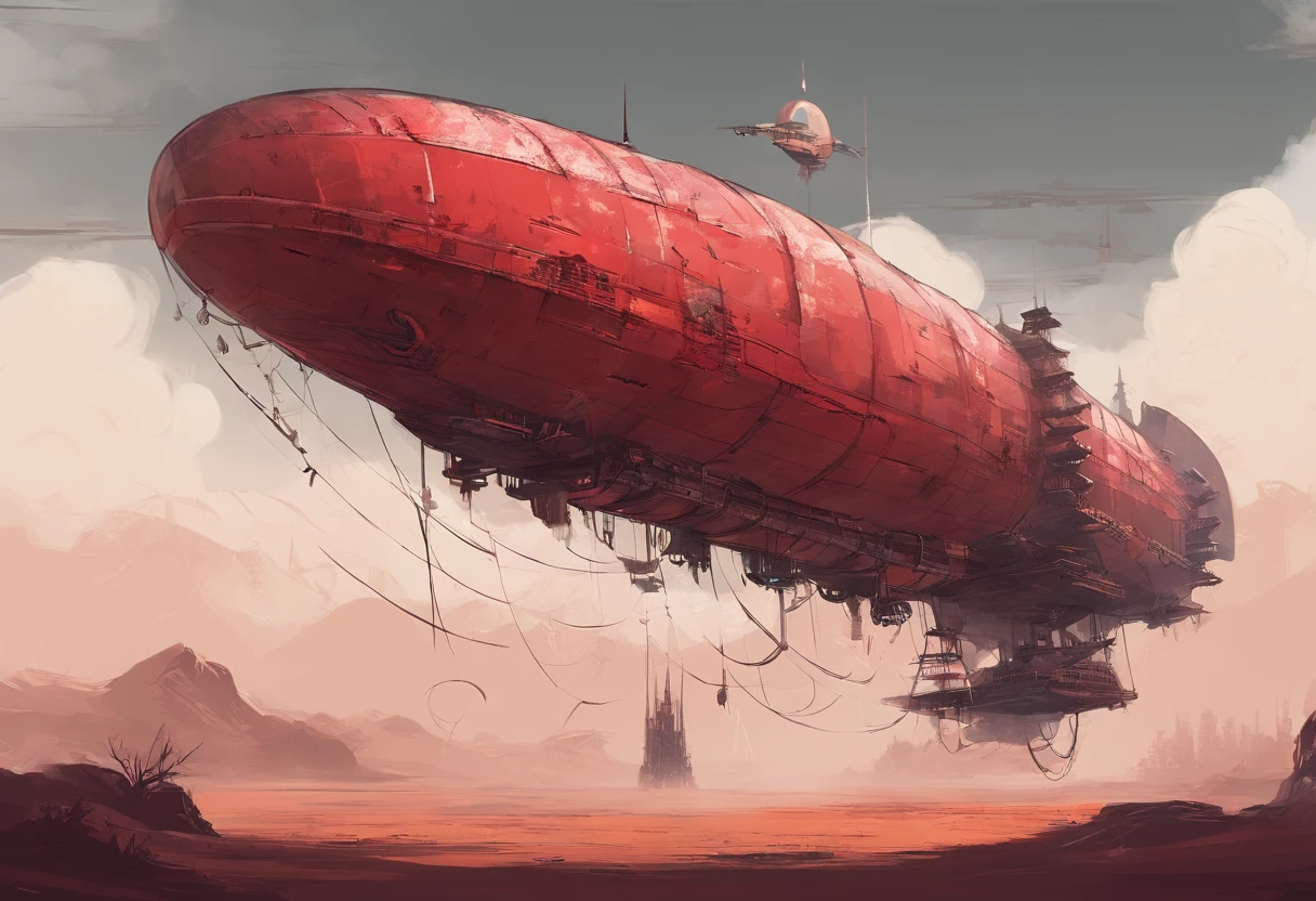 Post-apocalyptic wars, shadowing, Nero, A desert , shadowing, Gloomy atmosphere, darkly, ((natta)), The breadth of the landscape, book cover,Wasteland,A desert,Dilapidated airship,Japanese style。asian-looking,red decoration,Airship in Asian style,Airship in Japanese style