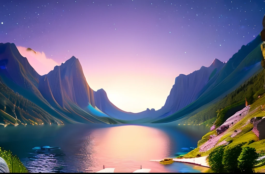 8k, utopic, The Palace of Dreams, starry daylight that represents the fusion heart with the supernatural. A star behind the mountains. A tranquil lake reflecting the night. Realistic scene, detailed, photorealism,