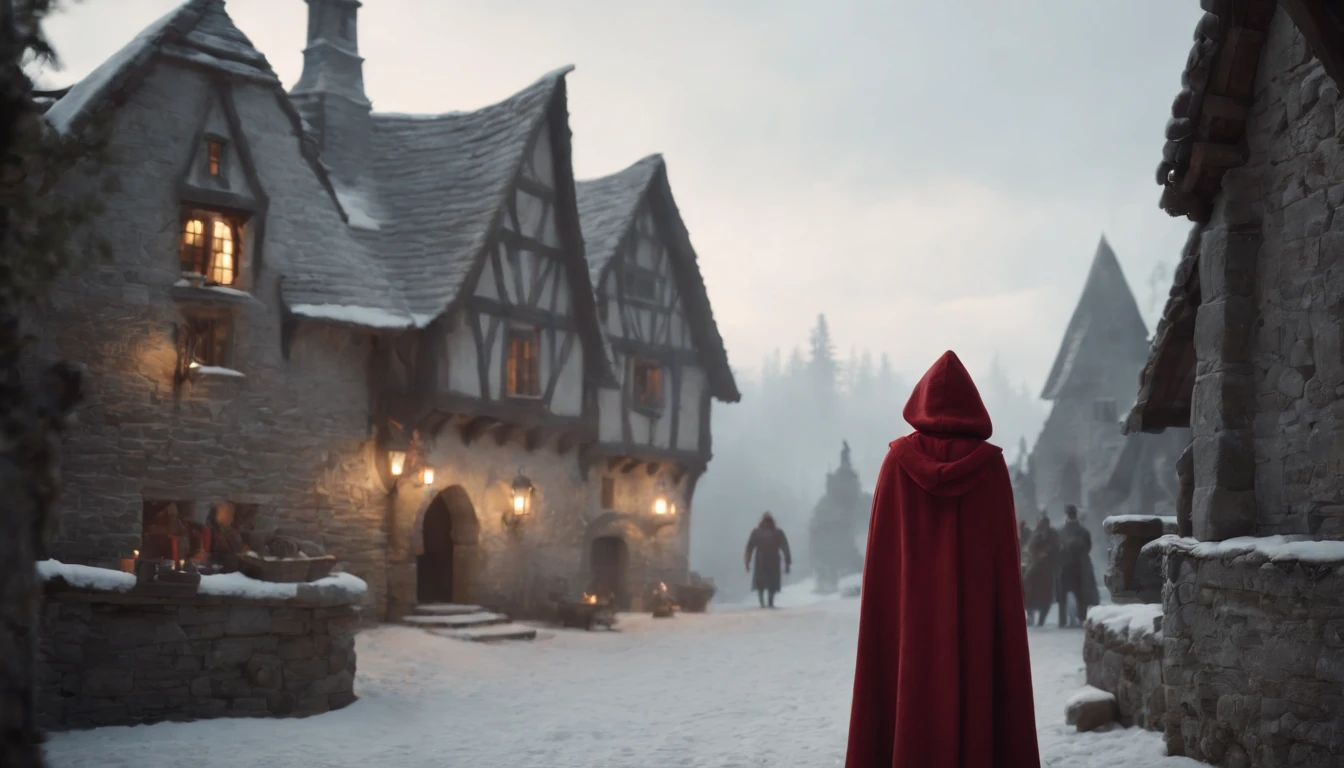 ue,Medieval cityscape,Stone House,snowscape,Little Red Riding Hood  Girl,werewolf man