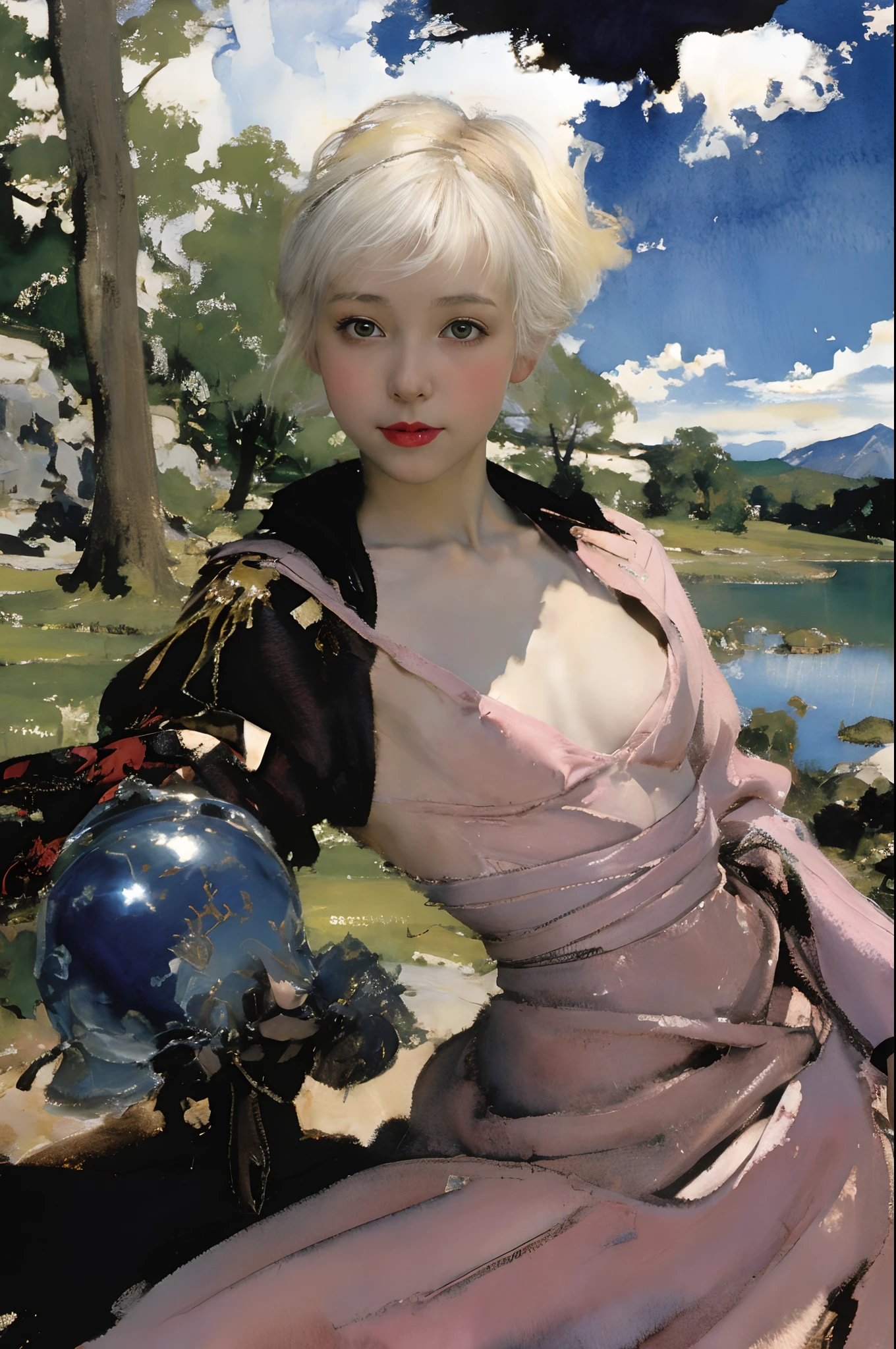 Top image quality、masterpiece、vibrant watercolor、Norman Rockwell's style、Aerial perspective、thirds rule、Norse man1People Beautiful Girl、slightly smaller eyes、Pretty small face、Light makeup、Platinum blonde short hair、middlebreasts、big butts、slightly thicker legs、Black Gloves、Long Sleeve Gothic Dress、long skirt、On the banks of the springs、the woods、borgar、cumulonimbus clouds