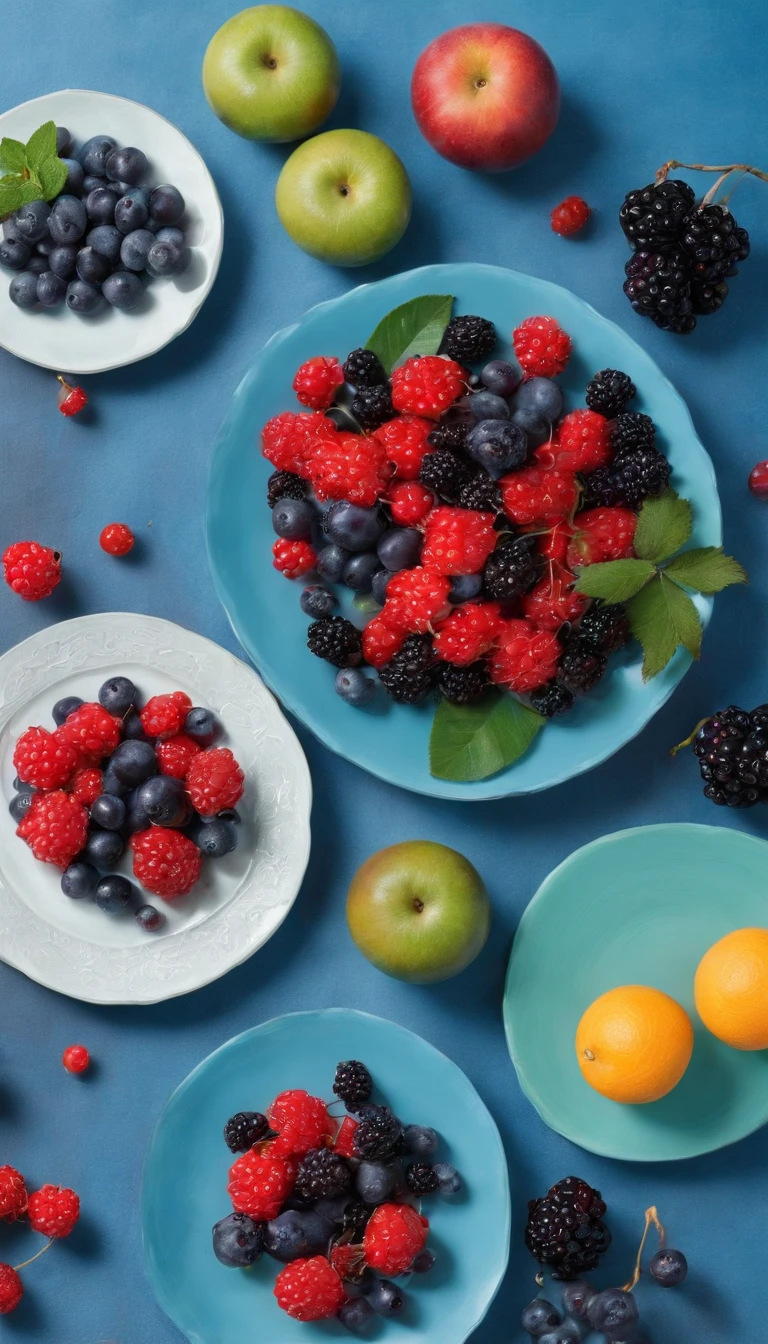 the fruits，Red berries，blue berry，green leaf，plate，tablecloth