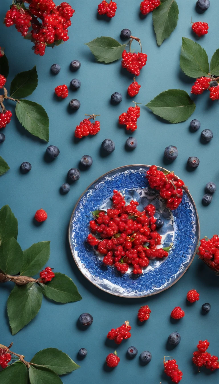 the fruits，Red berries，blue berry，green leaf，plate，tablecloth