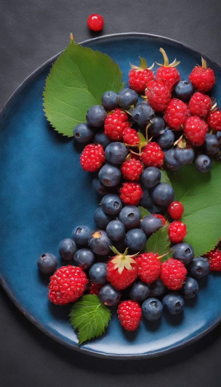 the fruits,Red berries,blue berry,green leaf,plate,tablecloth