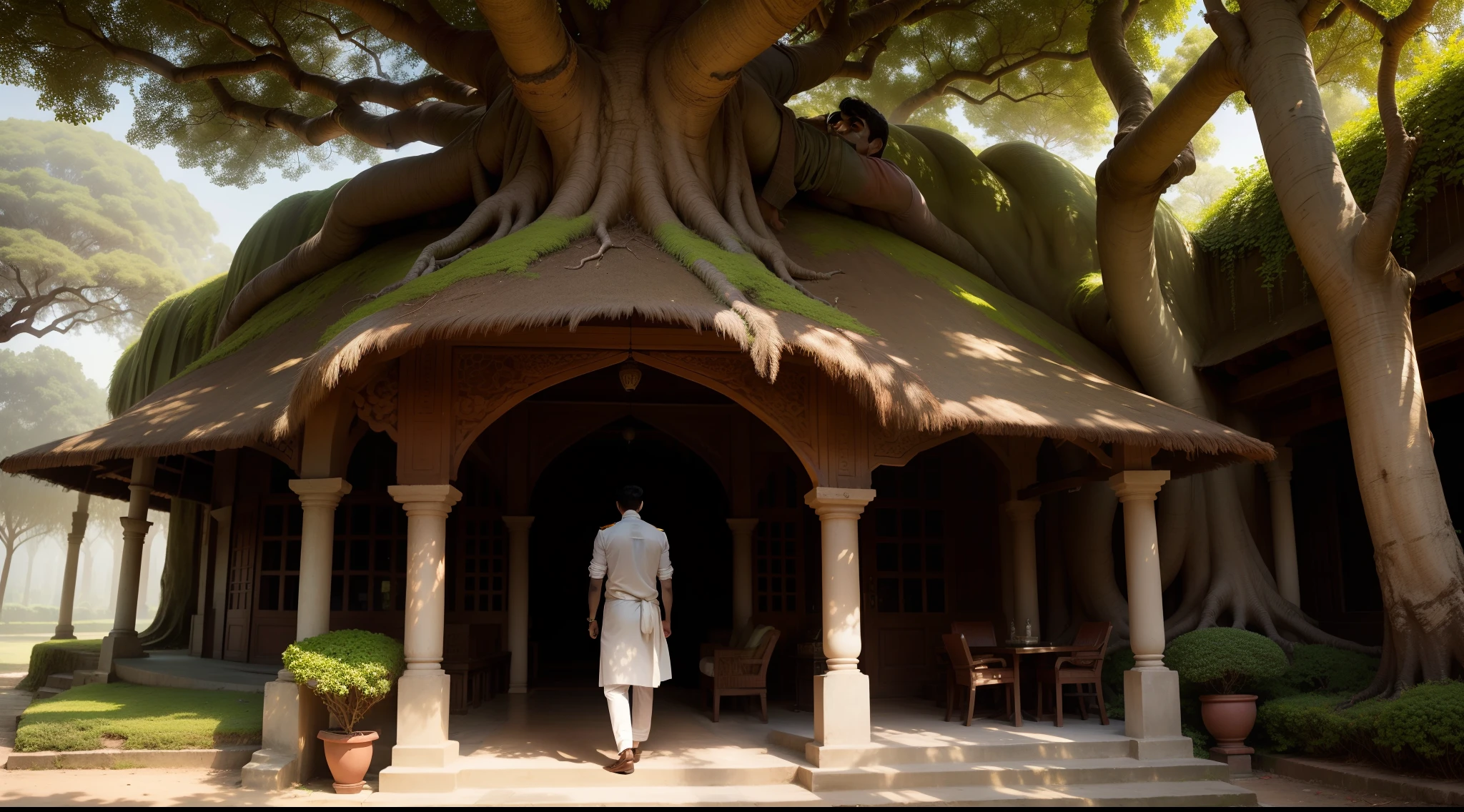 Create an image of Rohan approaching the wise Mr. Gupta under the shade of a grand, ancient banyan tree, exuding curiosity and respect.