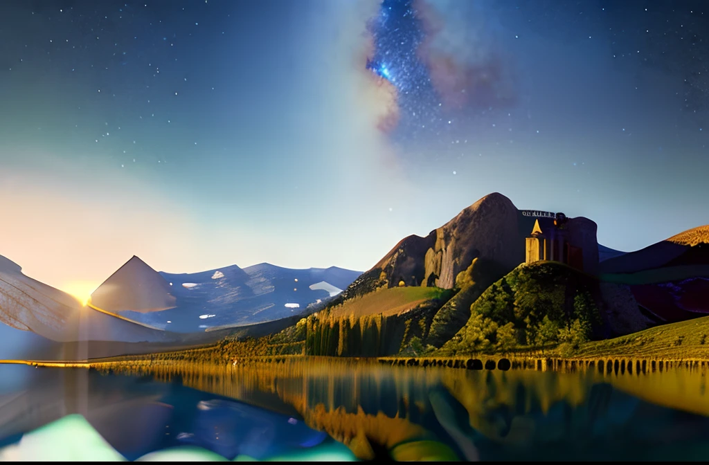 8k, utopic, The Palace of Dreams, starry daylight that represents the fusion heart with the supernatural. A star behind the mountains. A tranquil lake reflecting the night. Realistic scene, detailed, photorealism,