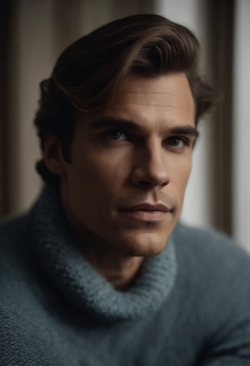 Um rapaz de 26 anos, sentado em uma poltrona em um quarto, He's wearing a turtleneck sweater, His eyebrows are thick and his eyes are blue looking at the viewer. sexy, foto sexy, alta qualidade, cicatrizes detalhadas. Ele tem o rosto semelhante ao de Timothy Olyphant, dark blonde