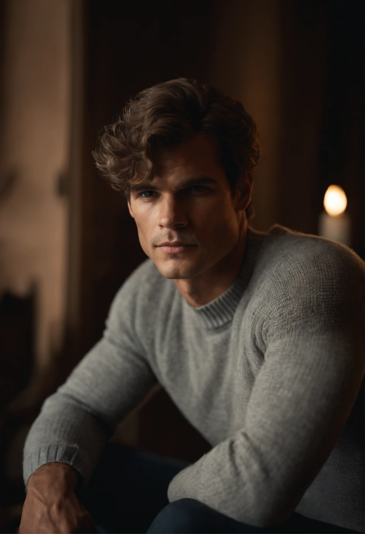 Um rapaz de 26 anos, sentado em uma poltrona em um quarto, He's wearing a turtleneck sweater, His eyebrows are thick and his eyes are blue looking at the viewer. sexy, foto sexy, alta qualidade, cicatrizes detalhadas. Ele tem o rosto semelhante ao de Timothy Olyphant, dark blonde