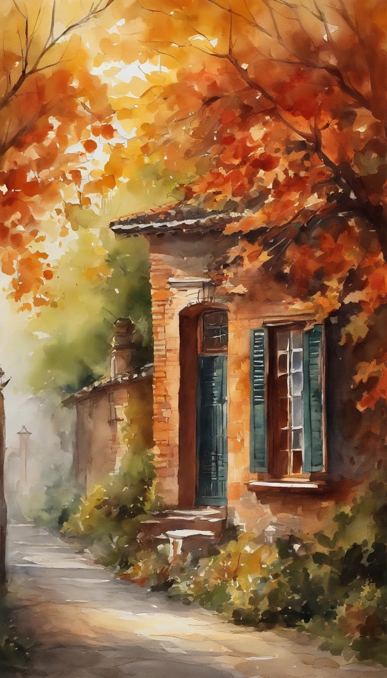 Old residential area,Red brick building,Big banyan tree,Clean the pavement,Fallen leaves,autumnal,Light yellow tone,super-fine,Carefully portrayed,high qulity,8K,Miyazaki animation style