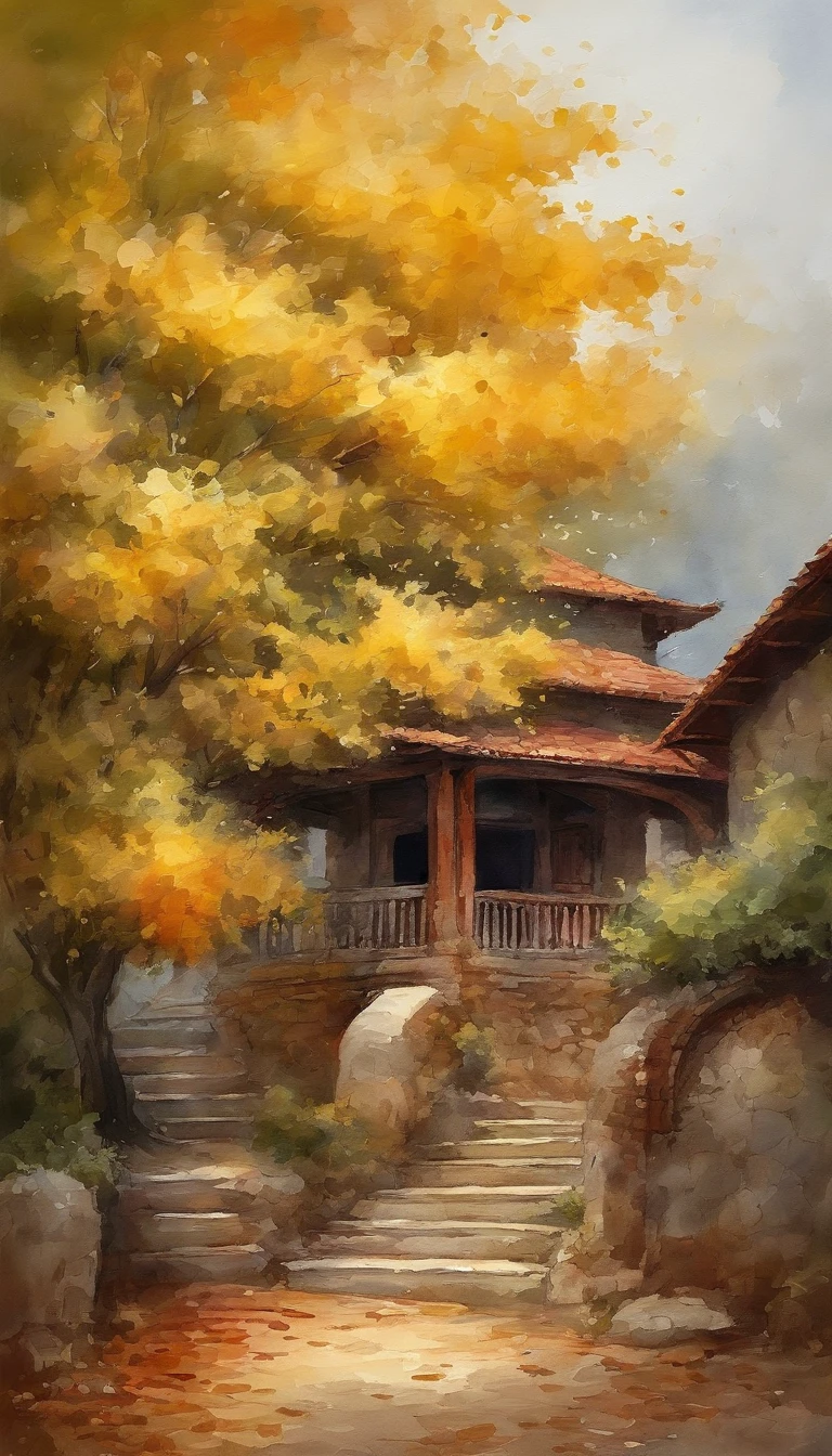 Old residential area,Red brick building,Big banyan tree,Clean the pavement,Fallen leaves,autumnal,Light yellow tone,super-fine,Carefully portrayed,high qulity,8K,Miyazaki animation style