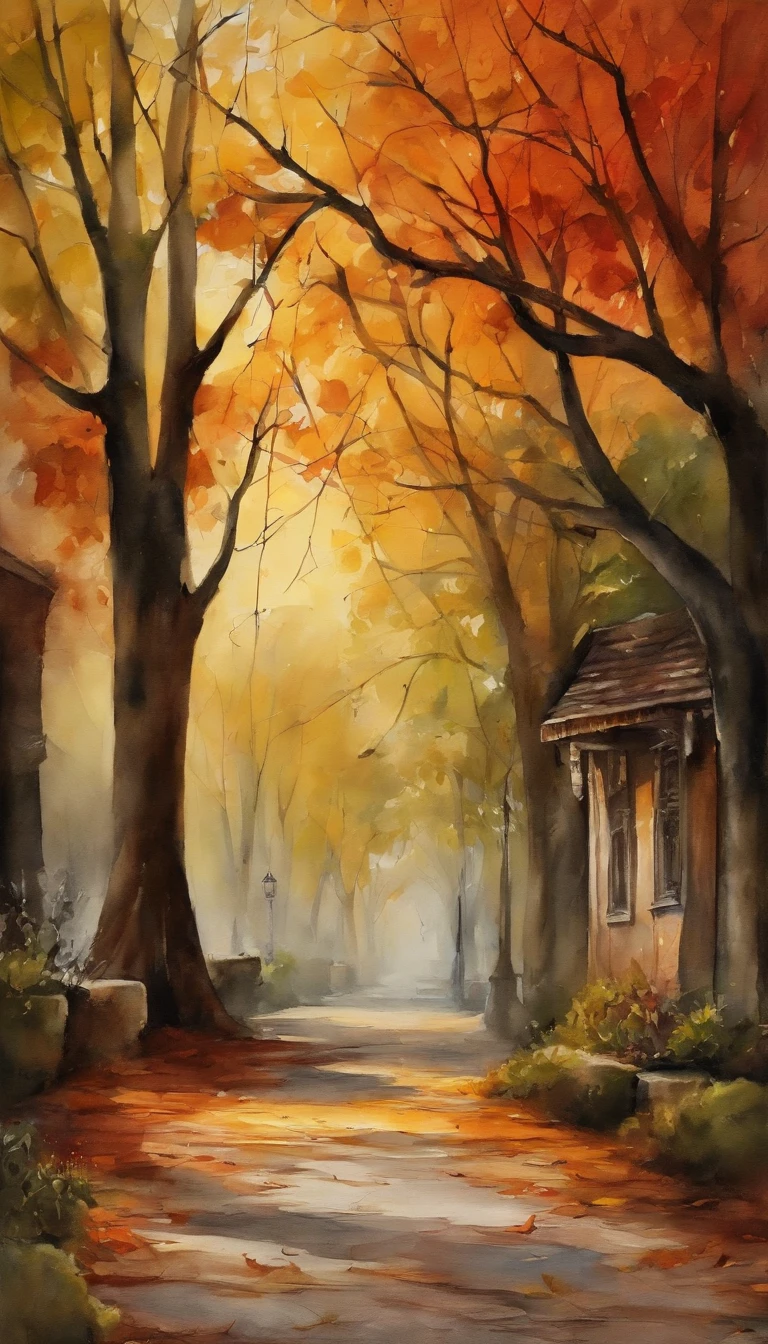 Old residential area,Red brick building,Big banyan tree,Clean the pavement,Fallen leaves,autumnal,Light yellow tone,super-fine,Carefully portrayed,high qulity,8K,Miyazaki animation style