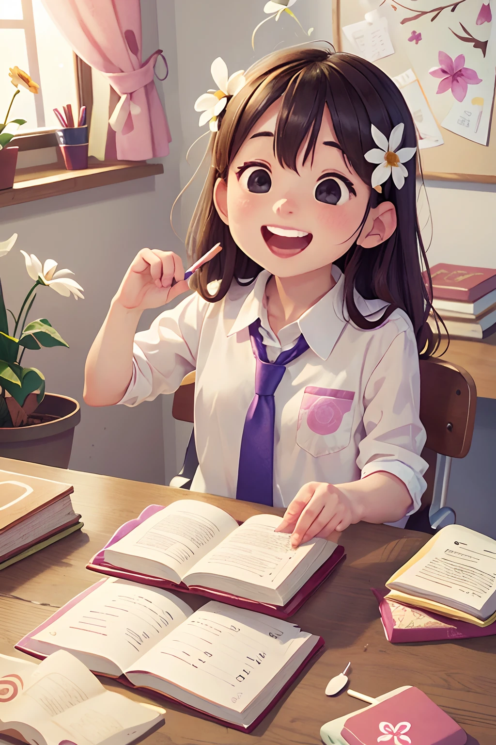 photoRealstic、Sit at your desk and enjoy studying with friends、Opens mouth and laughs、up of face、flower petals、season spring