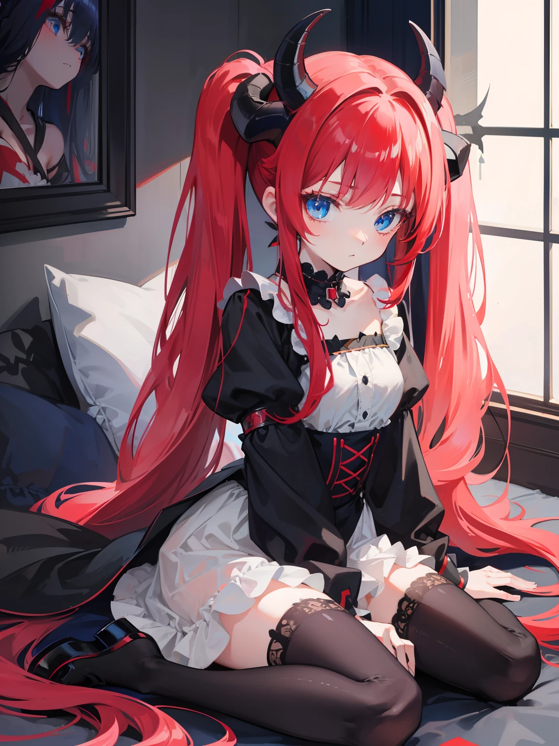 red hair,blue eyes,twintails, long hair, solo, loli, black stockings,{{best quality}}, {{masterpiece}}, {{ultra-detailed}}, {illustration}, {detailed light}, {an extremely delicate and beautiful},little girl,cute,Succubus, demon,horns