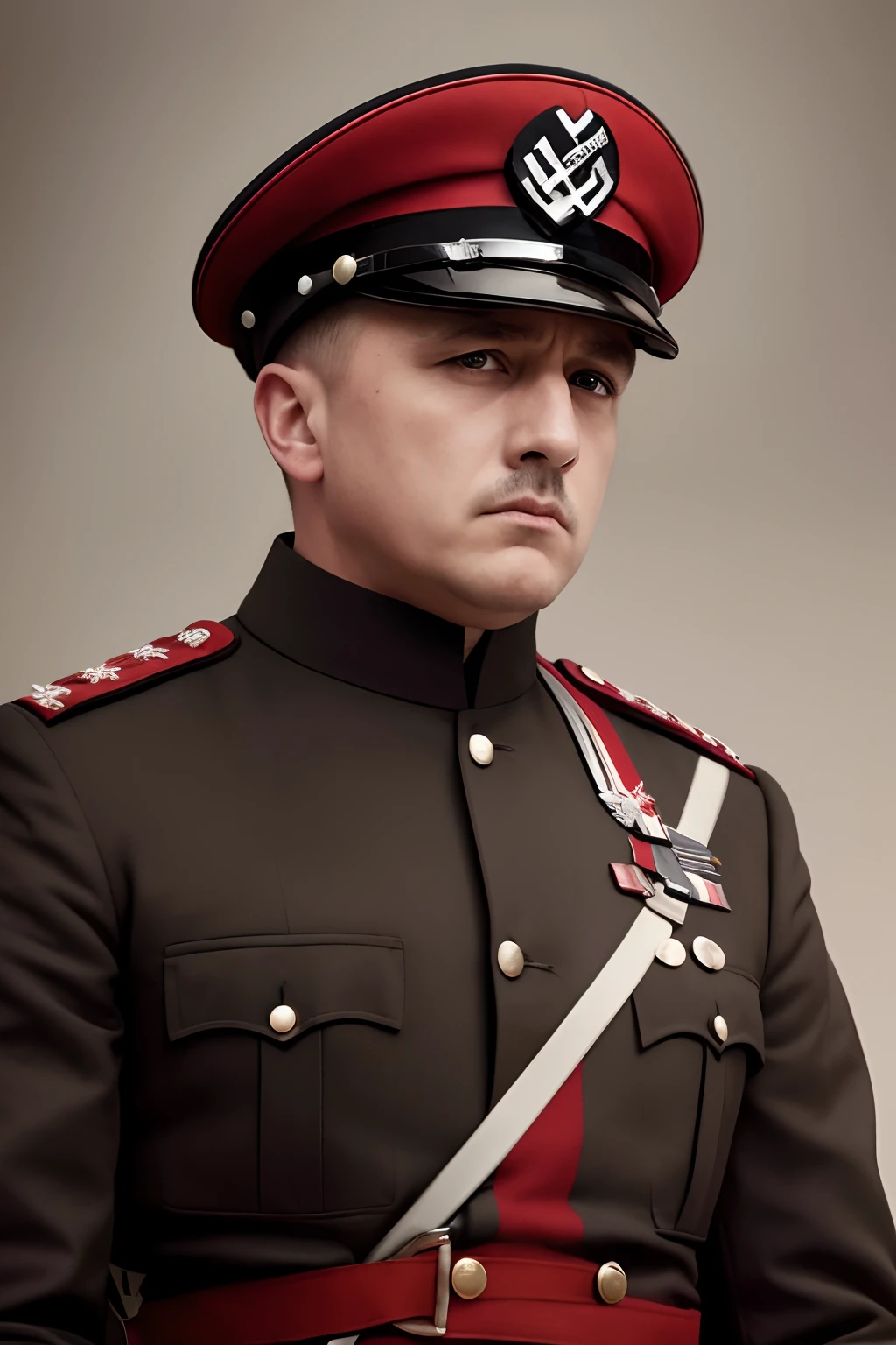 Young male, nazi general, marschall, Benito Mussolini son, (((colored photo))), ultrarealistic, adolf hitler, benito mussolini, otto strasser, red/white color palette, modern photo, professional photo, dramatic lighting, sony, 8k, posing for photo