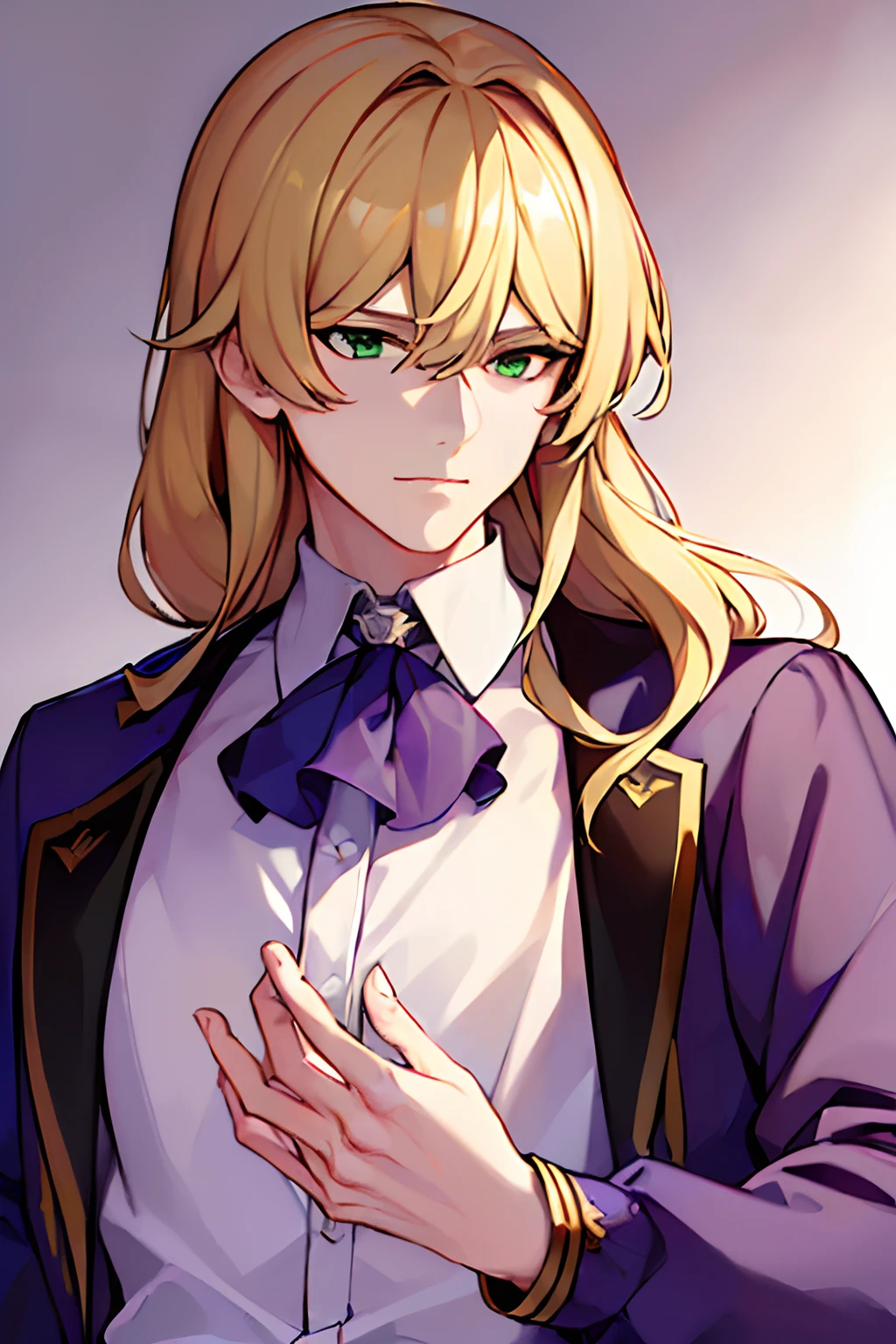(((masterpiece, 4K, Best quality, perfect anatomy, perfect hands))) 1boy, Portrait, male focus, young boy, upper body, detailed face, Green eyes((detailed)), soft smile, long blonde hair, exteremly long hair, formal, purple jacket, white shirt, collared shirt, simple background,