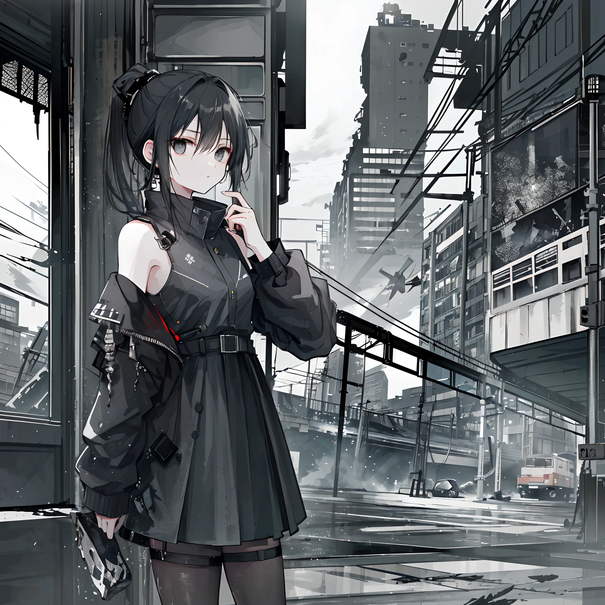 ​masterpiece、top-quality、「Against the backdrop of a collapsed city with trains and water、Girl with long black ponytail hair and black eyes、Wearing rough black clothes、Wear military fashion、Create images with a grunge-like atmosphere。Use gray as a secondary color、Add dirty textures and wall cracks、Sharpen imperfect shapes, Irregular lines and grunge。」